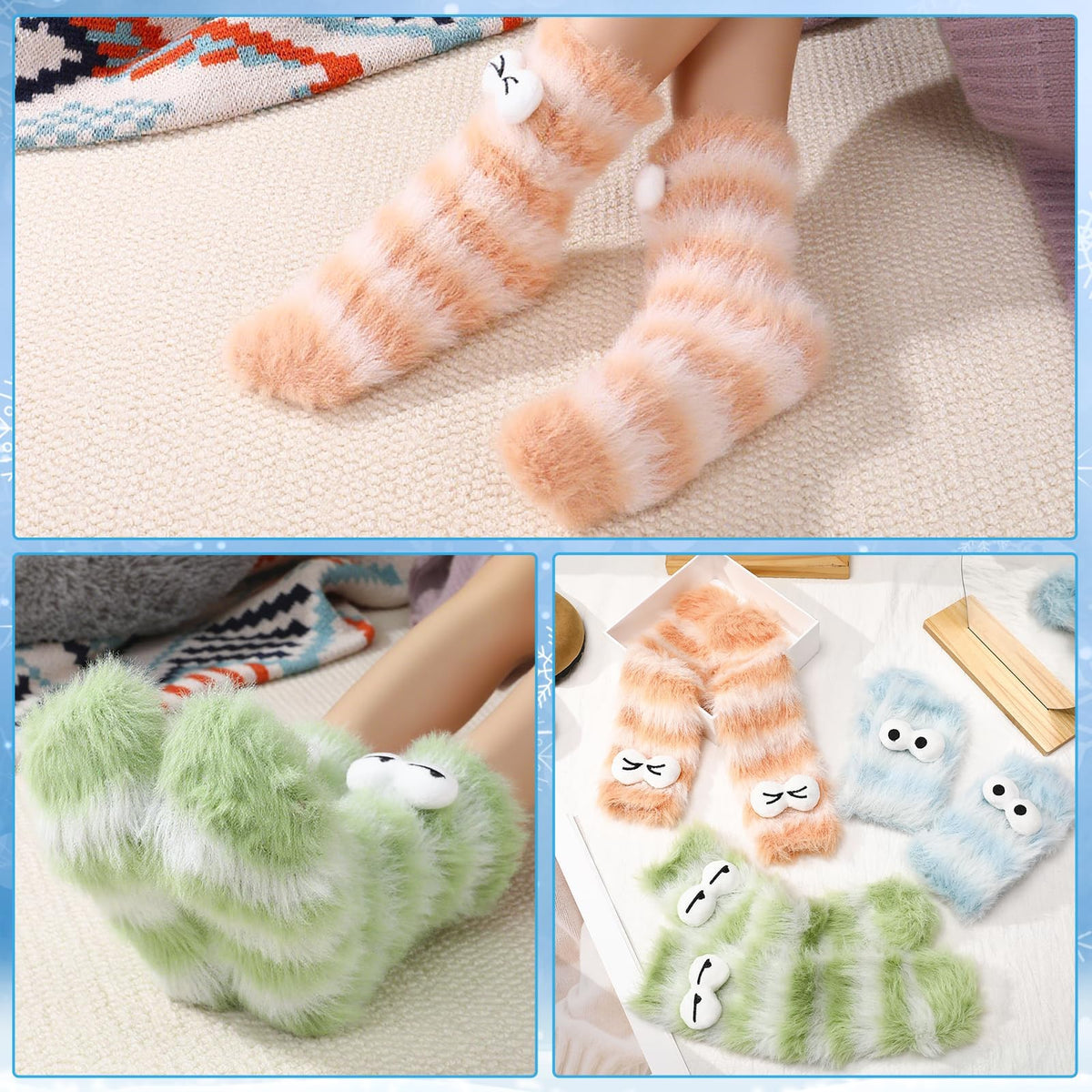 KASTWAVE 3 Pairs Fluffy Cartoon Monster Socks for Women, Cozy 3D Velvet Funny Sleep Cute & Quirky Warm Winter Socks for Halloween & Birthday, Foot Size 38-42