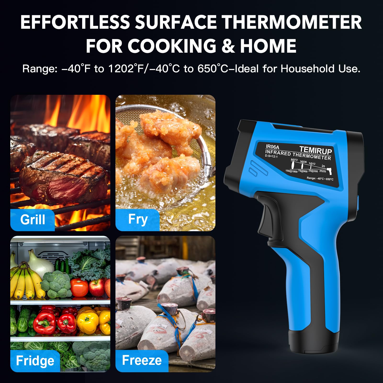 Infrared Thermometer Temperature Gun - TEMIRUP Non-Contact Digital Laser Thermometer Temp Gun with Thermocouple Probe for Industrial, Cooking, Griddle, Engine, HVAC, Adjustable Emissivity,-40℉~1202℉ - Medaid International