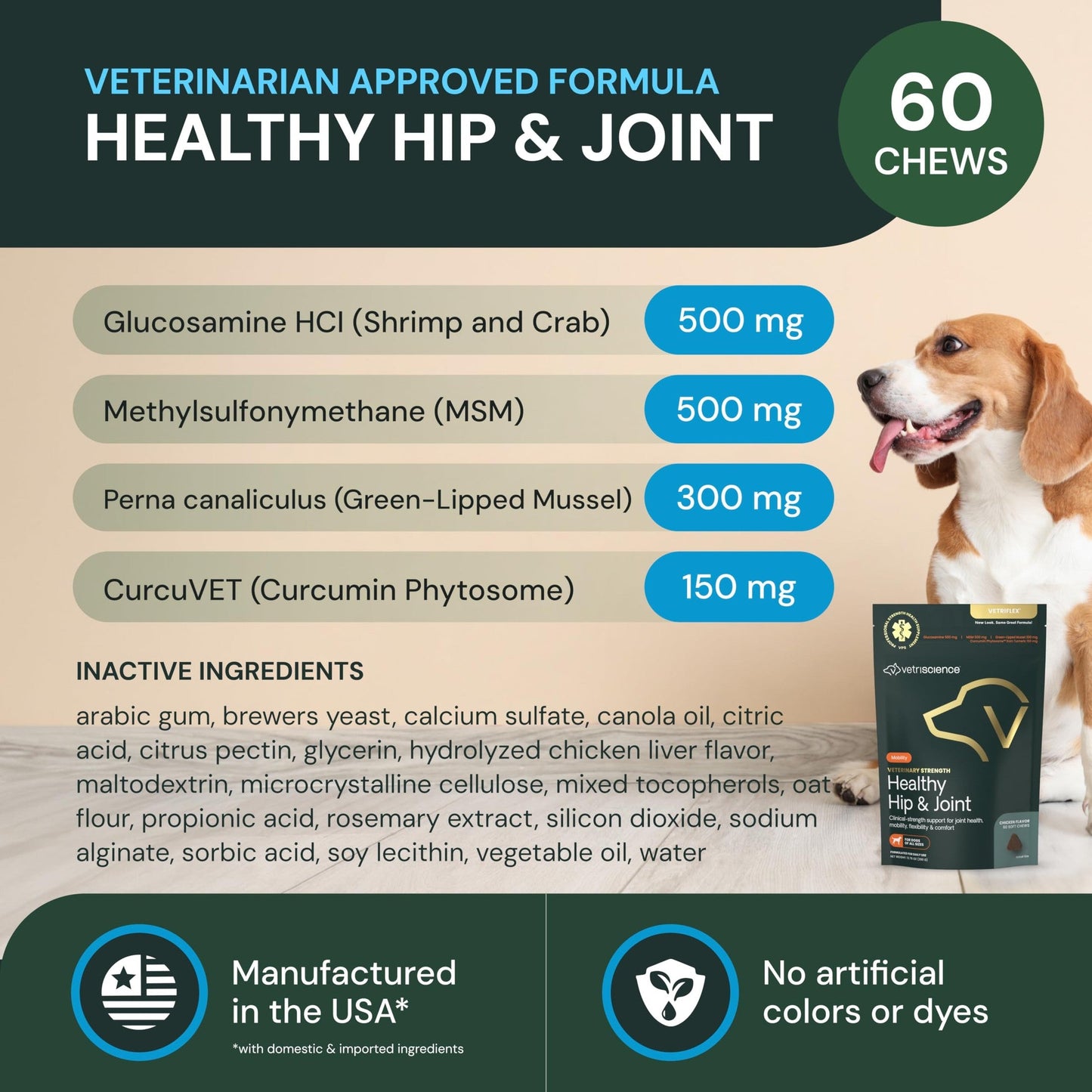 VETRISCIENCE Veterinary Strength Healthy Hip & Joint Chews - Joint Health Supplement for Dogs - Supports Mobility & Flexibility - 60 Count