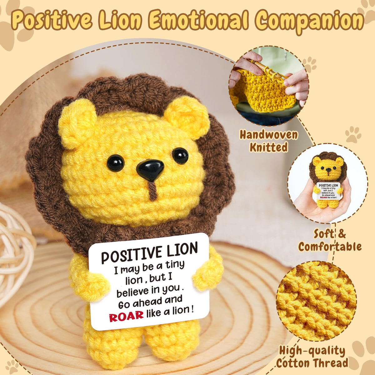 KASTWAVE Mini Positive Crochet Lion Doll, Handmade Emotional Support Crochet Inspirational Cheer Up Gifts, Inspirational Birthday Gift for Girlfriend Gifts, Coworker, Employee, Boss Gift
