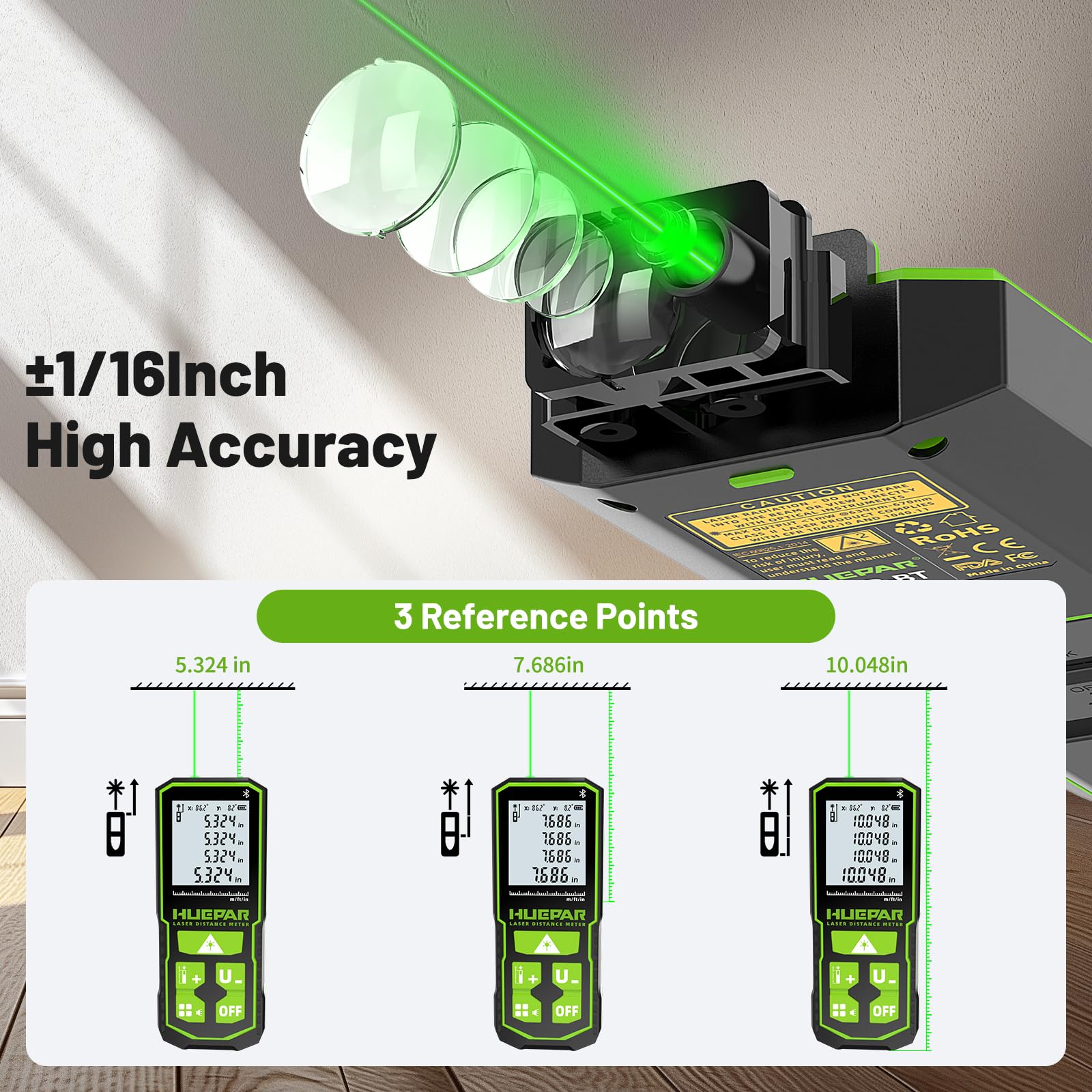 Huepar 330FT Green Laser Measuring Tool with Angle Sensor, ±1/16in (±1.5MM) Accuracy, Rechargeable Digital Laser Room Measuring Device, Laser Distance Measurement, Gifts for Men, Fathers Day Birthday - Medaid International