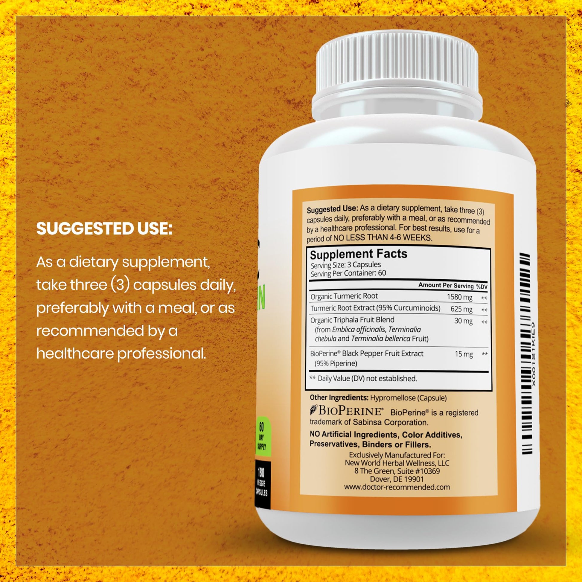 Turmeric Curcumin Supplement - 2250mg/d - Veggie Caps - 95% Curcuminoids with Black Pepper Extract (Bioperine) - 750mg Capsules - 100% Organic - Most Powerful Turmeric (180 Count) - Medaid International