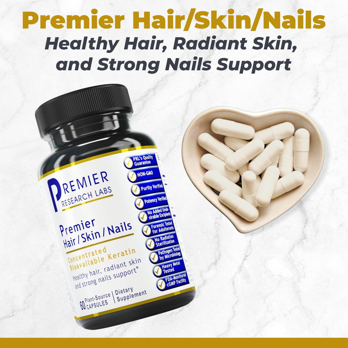 Premier Research Labs Premier Hair/Skin/Nails - Hair Growth Supplement for Women & Men with Keratin, Vitamins for Hair Growth, Beauty from Within for Hair, Skin and Nails - 60 Vegetarian Capsules - Medaid International