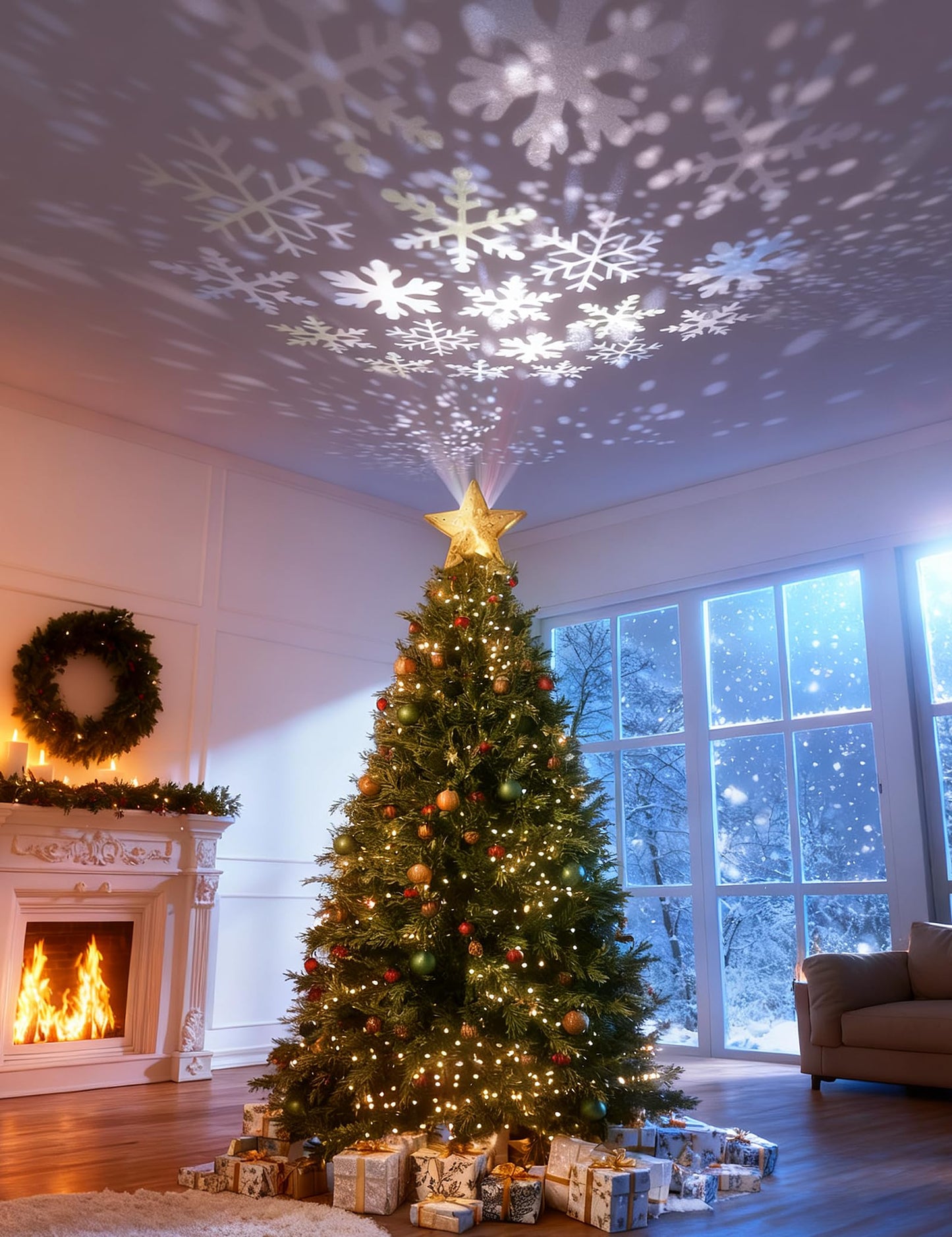 DG-Direct Christmas Tree Topper Lighted Star [Gold],3D Hollow Sparkling Star Christmas Tree Topper with Rotating Magic Cool White Snowflake Projector for Christmas Tree Ornament (Gold) - Medaid International