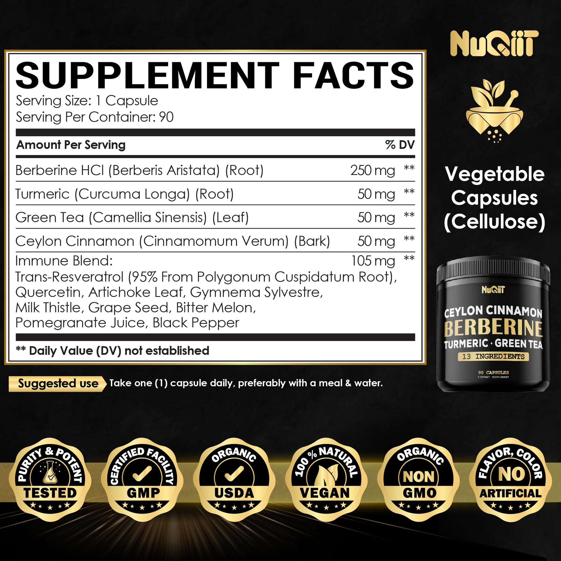 Berberine Supplement. Added Turmeric Curcumin, Green Tea & More - Support Heart Health, Body Management & Immune System - 90 Capsules for 3 Month Supply - Medaid International