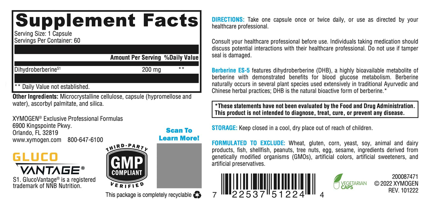 XYMOGEN Berberine ES-5 - Dihydroberberine Berberine Supplement - 5X The Traditional Bioavailability - Metabolic Support (60 Capsules) - Medaid International