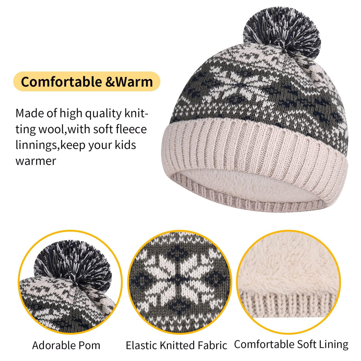 Kids Warm Beanie Hat Scarf Gloves Set 3 in 1 Thermal Knit Hat Scarf Gloves Set Winter Accessories Sets Snood Scarf Gloves Set with Double Layer Fleece Lining Boys Girls