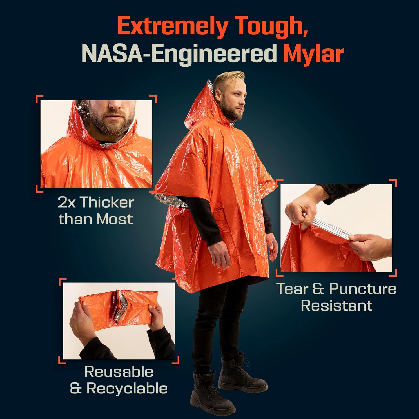 PREPARED4X Emergency Mylar Poncho – Survival Rain Poncho with Hood – Lightweight, Compact, Reusable Emergency Blanket Poncho for Hiking, Camping, Thermal Gear, Car Kit, Outdoors – 4 Pack (Orange)