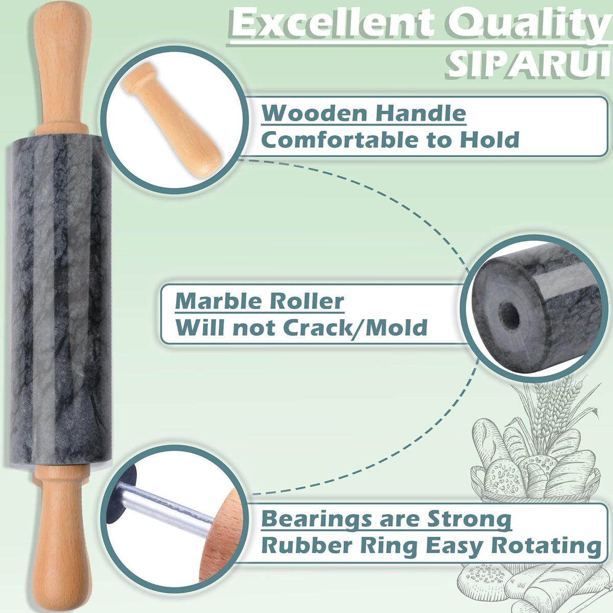Marble Rolling Pin with Wooden Cradle Thick Handle Set
