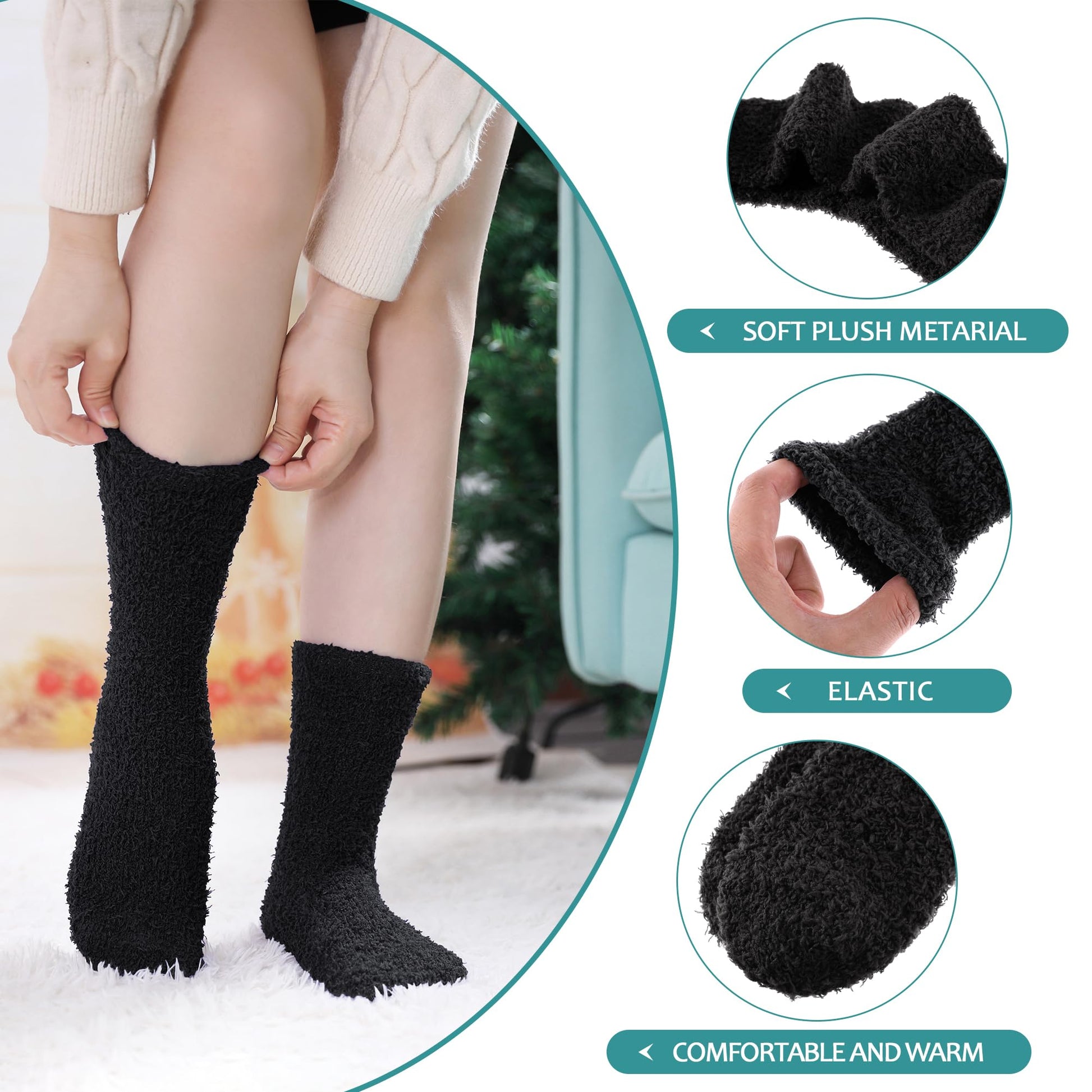POEATEZO Womens Fuzzy Socks Cozy Fluffy Winter Cabin Slipper Warm Soft Microfiber Plush Home Sleeping Socks (5 Pairs Classic Black) - Medaid International