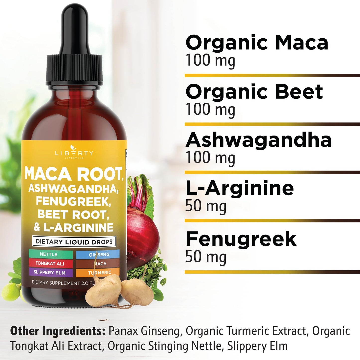 Liberty Lifestyle Organic Maca Root Liquid Drops with Ashwagandha, Nettle, Fenugreek, Beet Root and L-Arginine Liquid Multivitamin for Women and Men - 2oz - Medaid International