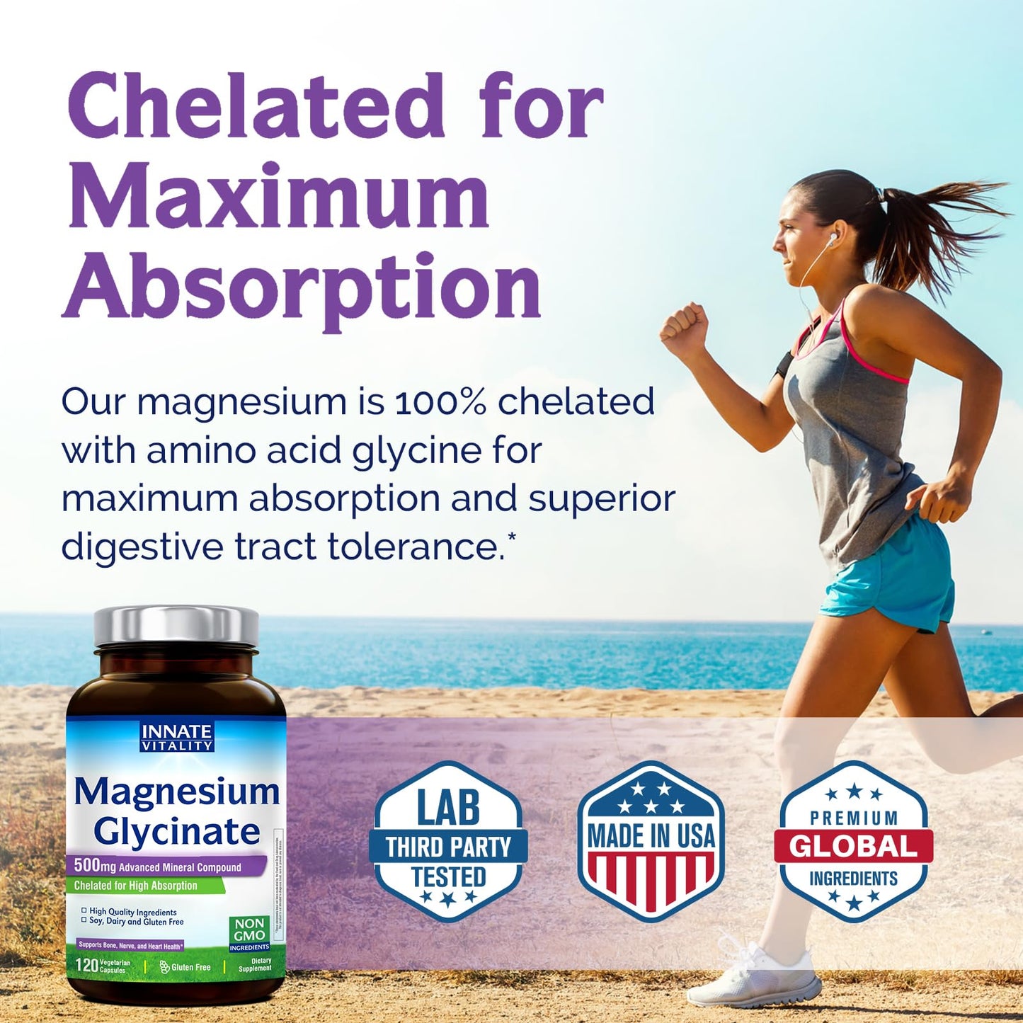 Innate Vitality Magnesium Glycinate 500mg | 70mg Elemental Magnesium Supplement- High Absorption, Non Buffered, Non-GMO & No Gluten - Nerve, Muscle, Bone Health - 120 Vegan Capsules Magnesio - Medaid International