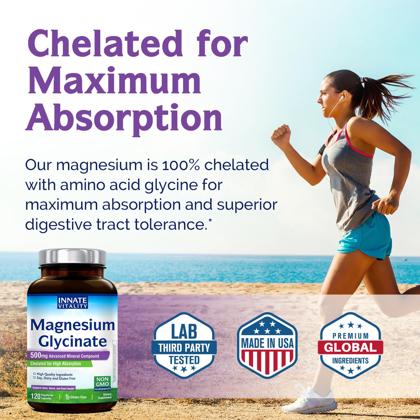 Innate Vitality Magnesium Glycinate 500mg | 70mg Elemental Magnesium Supplement- High Absorption, Non Buffered, Non-GMO & No Gluten - Nerve, Muscle, Bone Health - 120 Vegan Capsules Magnesio - Medaid International