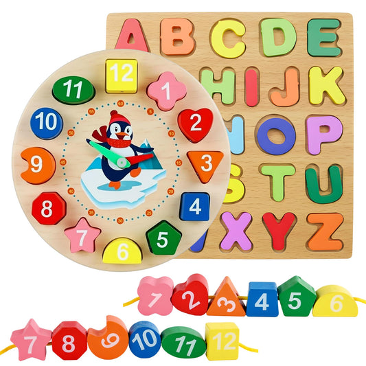 SMALL SIZE Wooden Clock & Alphabet Puzzle Set – Montessori Learning Toy for Kids Age 3–5 Teach Time, ABC, Shapes & Fine Motor Skills Safe Non-Toxic Educational Toy for Toddlers, Small Size