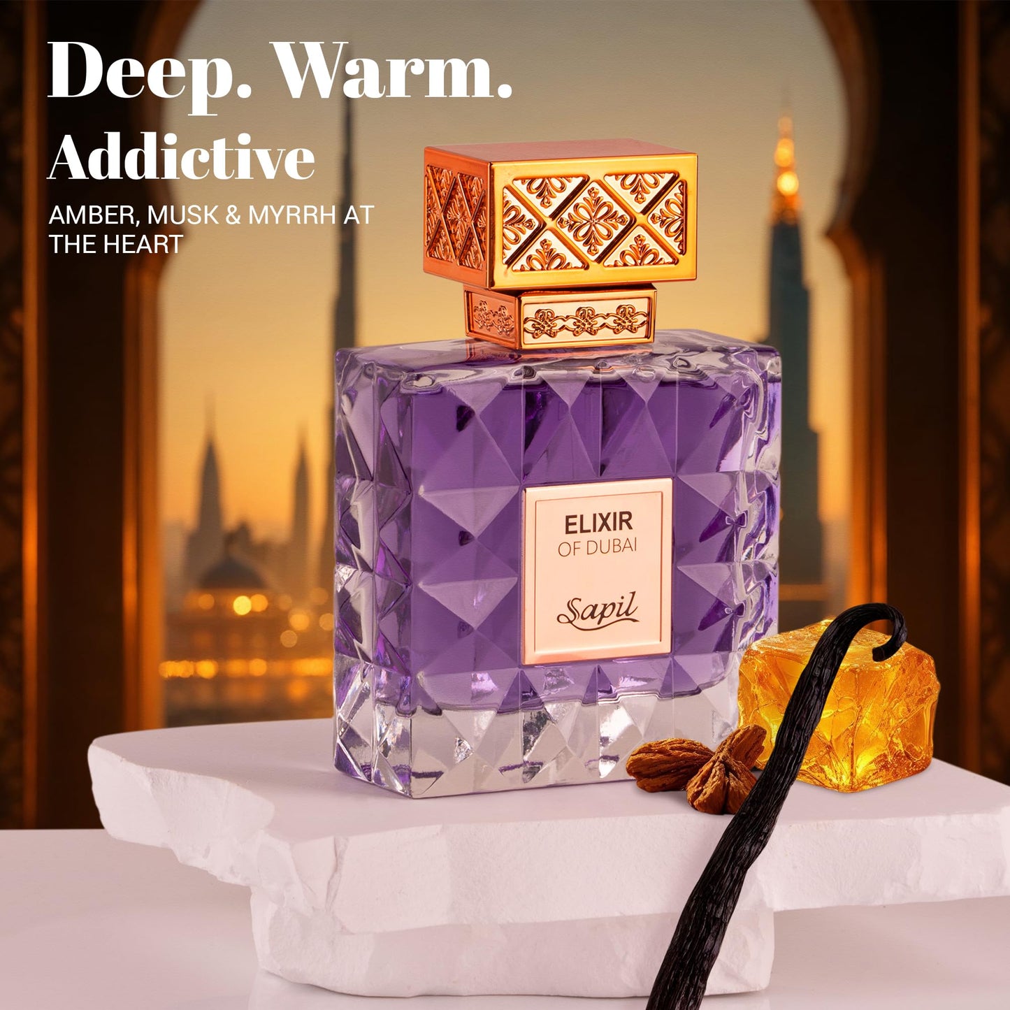 Sapil Elixir of Dubai Unisex Eau de Parfum – Long-Lasting Dubai Perfume with Amber, Vanilla, Musk, Cardamom, Bergamot & Lavender – Arabic Luxury Fragrance for Men & Women – 3.38 oz - Medaid International
