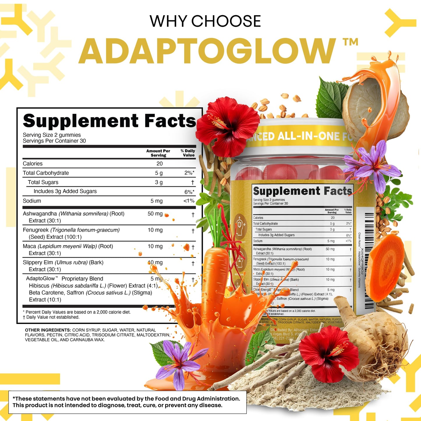 Clean Nutra Maca Root Gummies Ashwagandha Fenugreek Slippery Elm Saffron Hibiscus Beta Carotene Vitamin A for Women Macaroot Extract 60 Gummies Vegan Adaptogen Supplement Gummy Non GMO - Medaid International