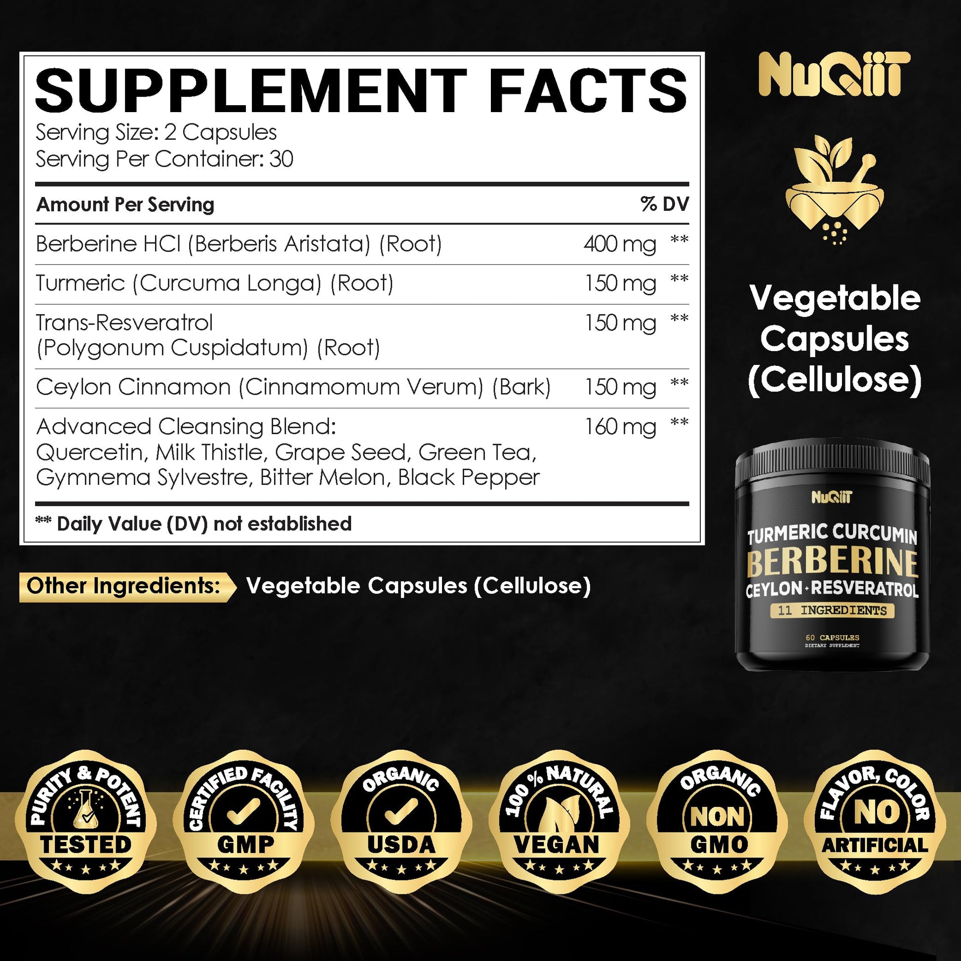 Berberine Supplement. Added Turmeric Curcumin, Trans-Resveratrol & More - Support Gastrointestinal, Body Management & Immune System - 60 Capsules - Medaid International