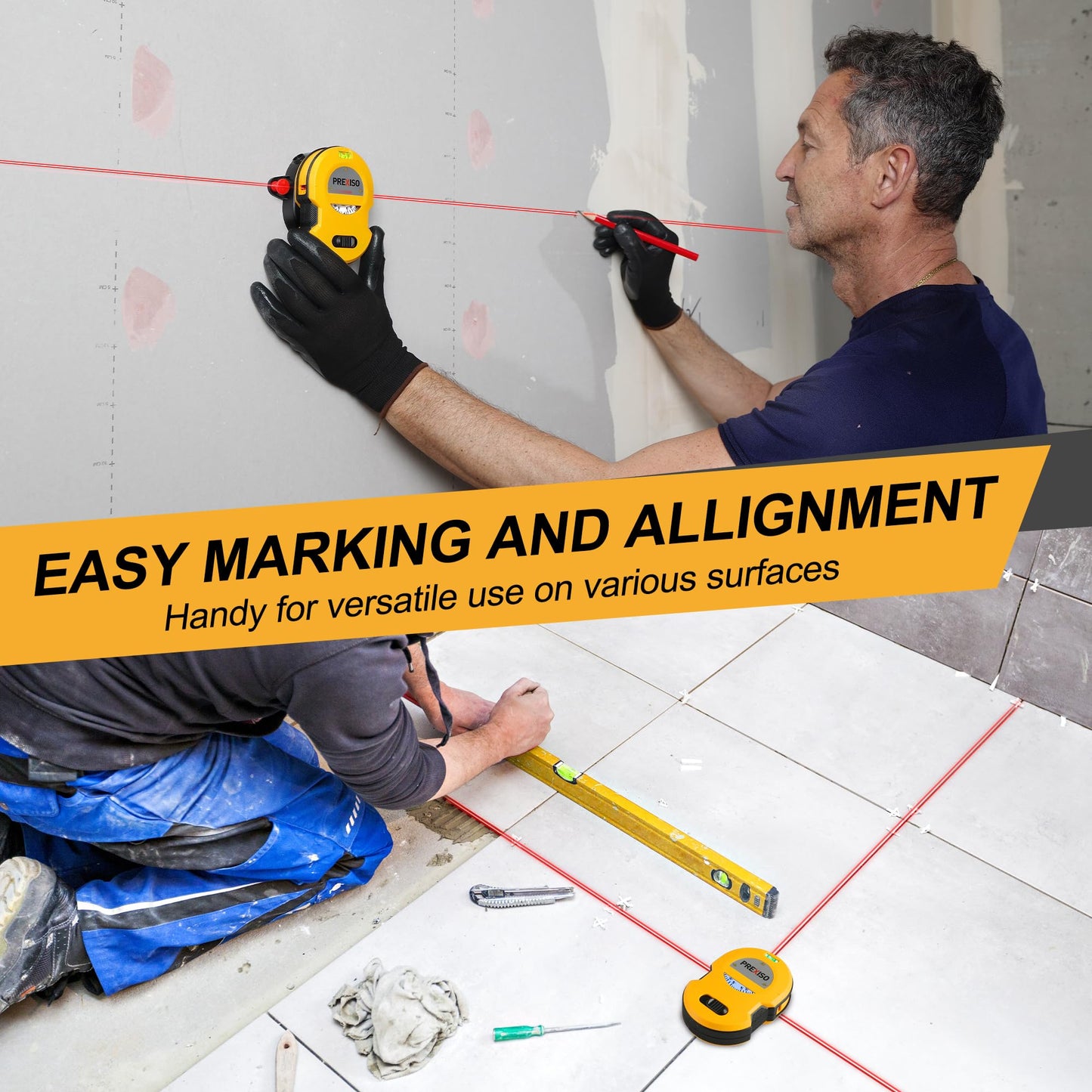 PREXISO Multi Surface Laser Level LED Light Vial, 30Ft Horizontal & Vertical Line Laser with Wall Mount Base, 2 Pins, 10 Sticker, 2 AA Batteries for Hanging Frames & Picture, Construction Wall Writing - Medaid International