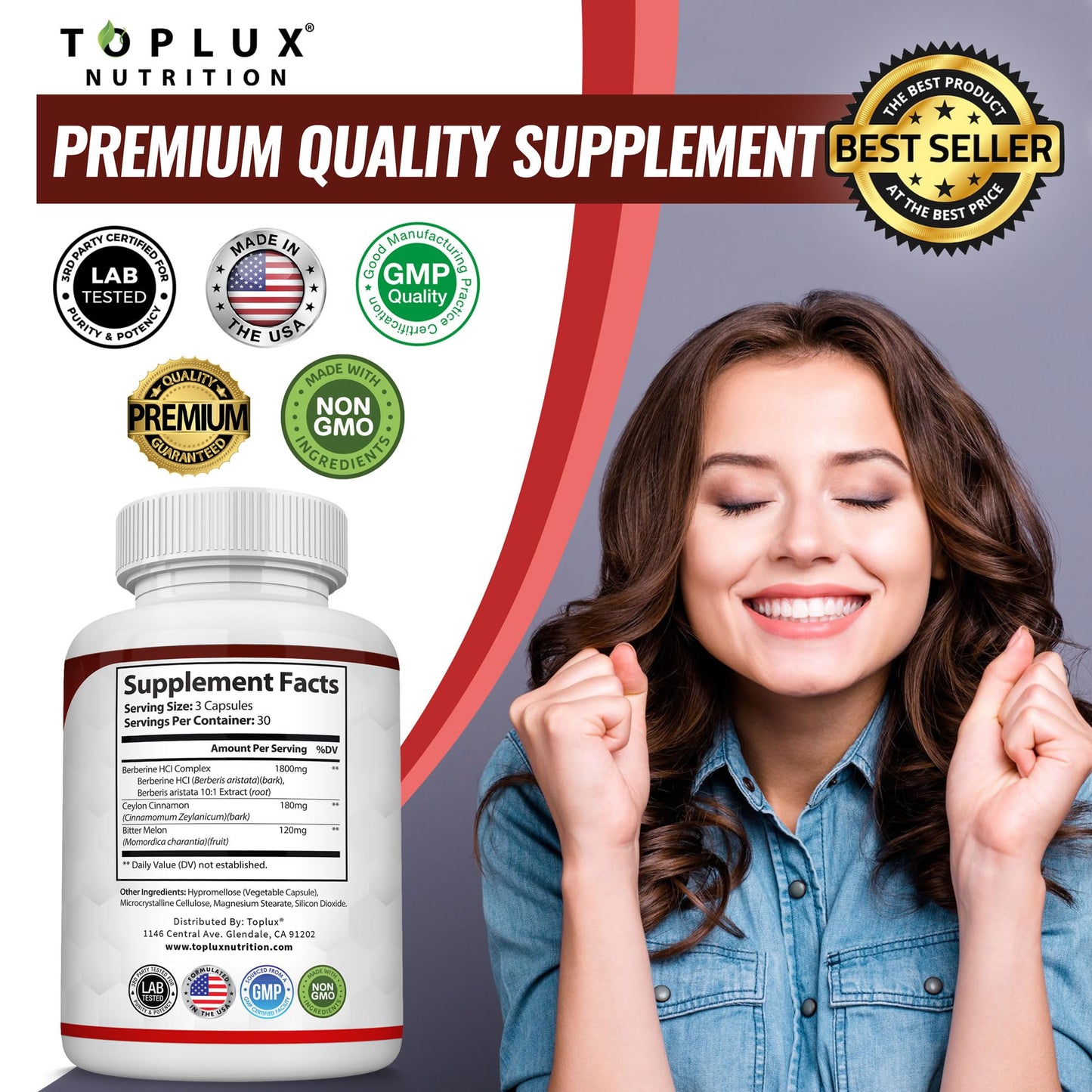 Toplux Berberine with Ceylon Cinnamon and Bitter Melon 2100mg - High Purity 97% HCL Berberine Supplement, Supports Overall Health & Immune System, Non-GMO Vegan 90 Capsules - Medaid International