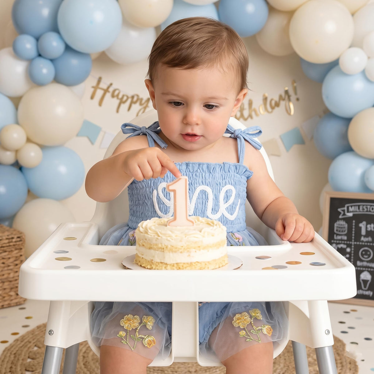 Baby Girl 1st Birthday Outfit, Floral ONE Tulle Romper Dress with Matching Headband Set, Sleeveless Princess Bodysuit Photo Props for 12-18 Months Cake Smash Party