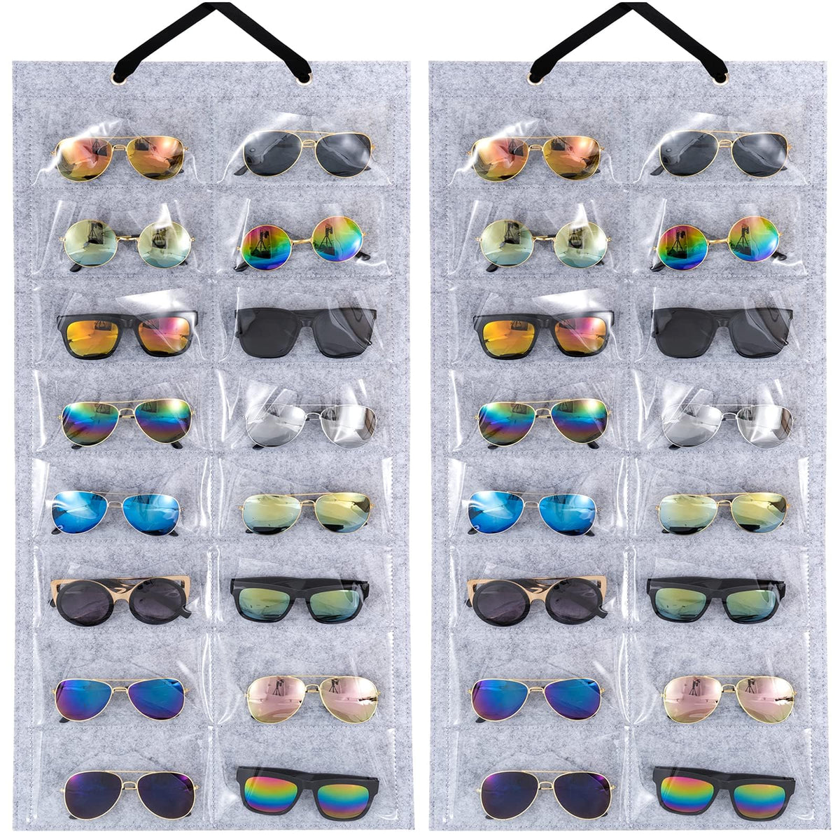 TERRIFI Sunglasses Organizer and Storage Bag - Hanging Dust Proof Wall Pocket With 16 Felt Slots Double Sided Holder - 2 Pack
