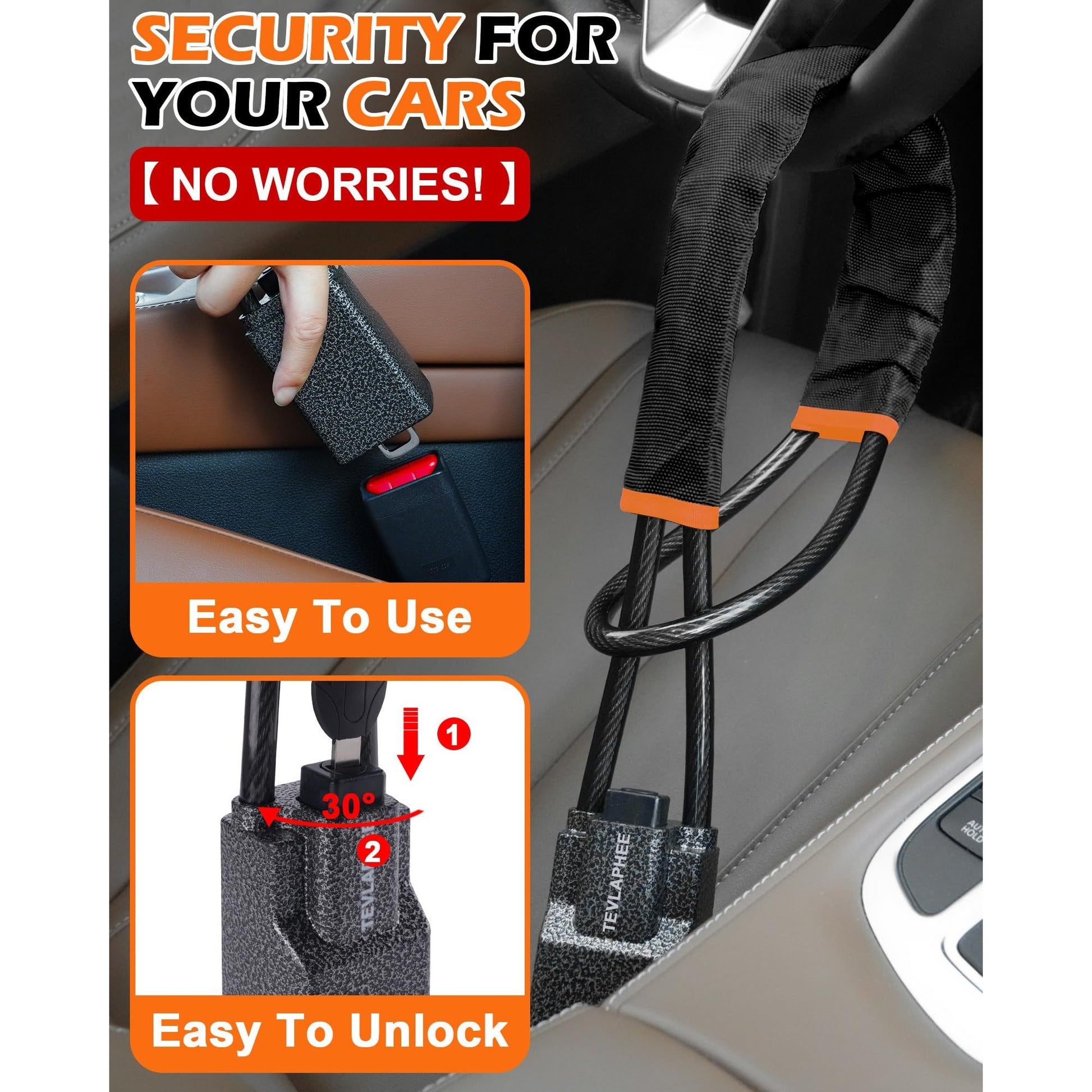 Tevlaphee Steering Wheel Lock Seat Belt Lock Universal Anti Theft Car Device Car Lock Car Theft Prevention with 3 Keys for Car Security Fit Most Vehicles Truck SUV Van (Black) - Medaid International