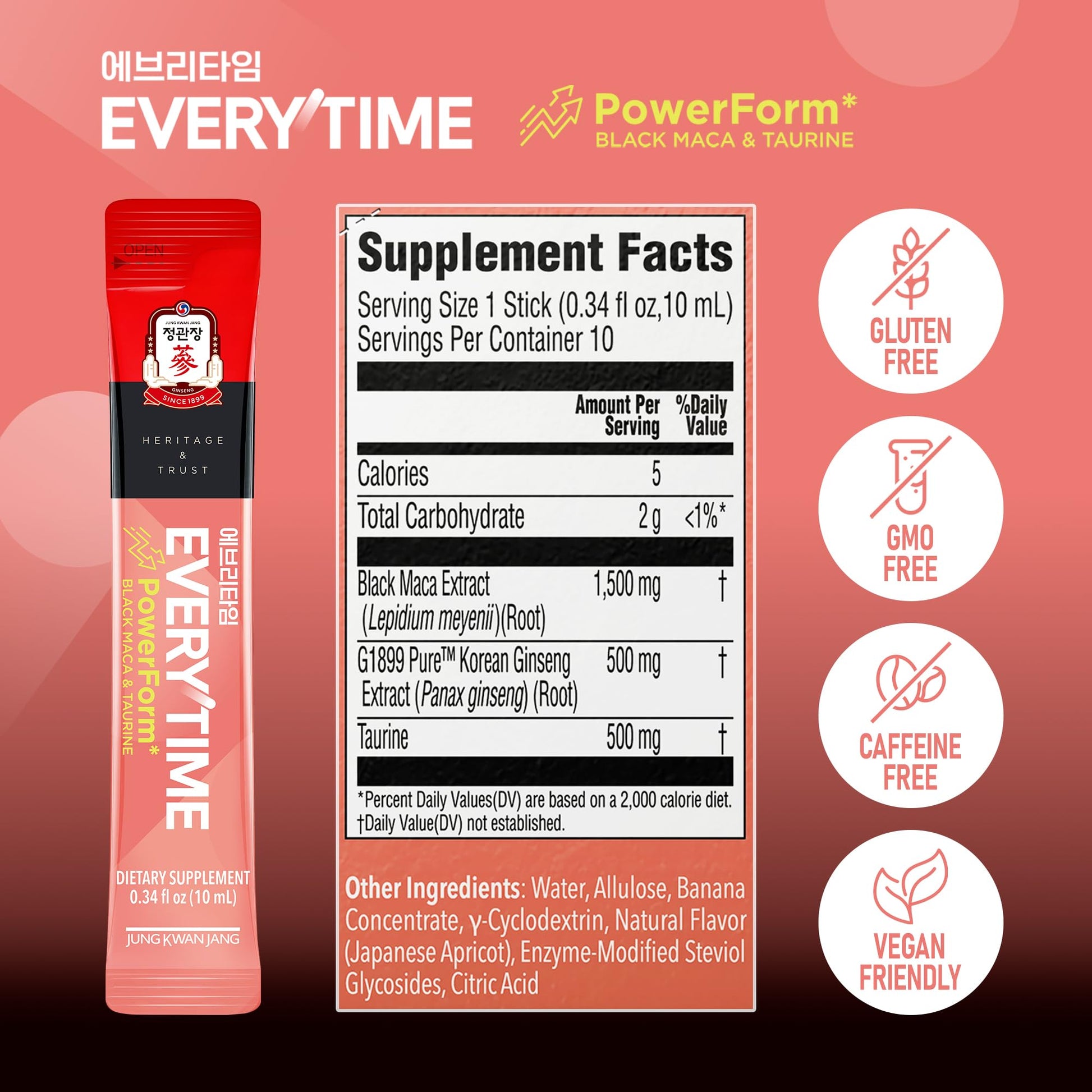 JUNG KWAN JANG US Everytime PowerForm - Intra Workout Herbal Energy Drink Packets with Korean Red Ginseng, Black Maca Root & Taurine - Non GMO (0.33 fl oz, 10 Sticks) - Medaid International