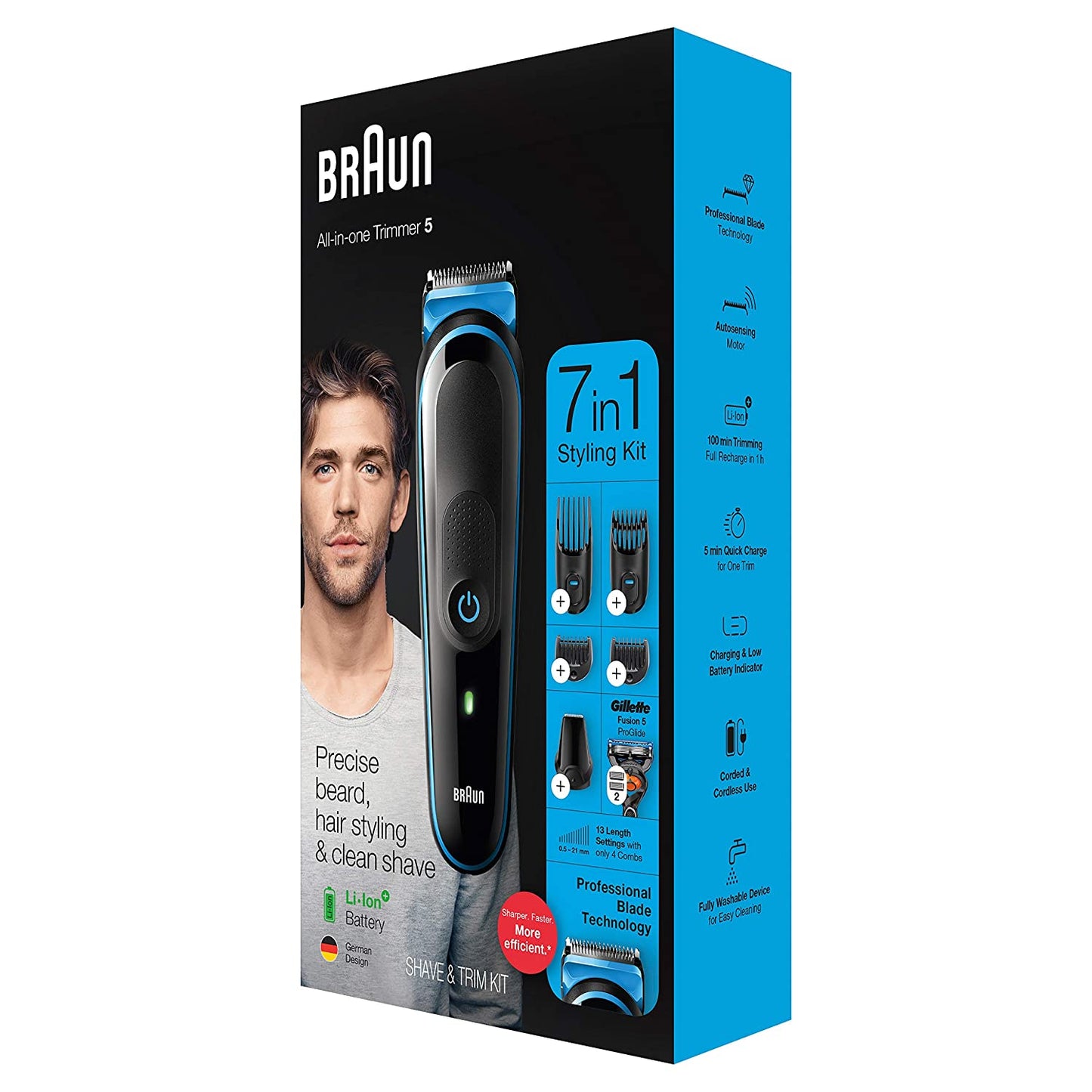 Braun All-in-One trimmer 5 for Face, Hair, and Body, Black/Blue, MGK5245