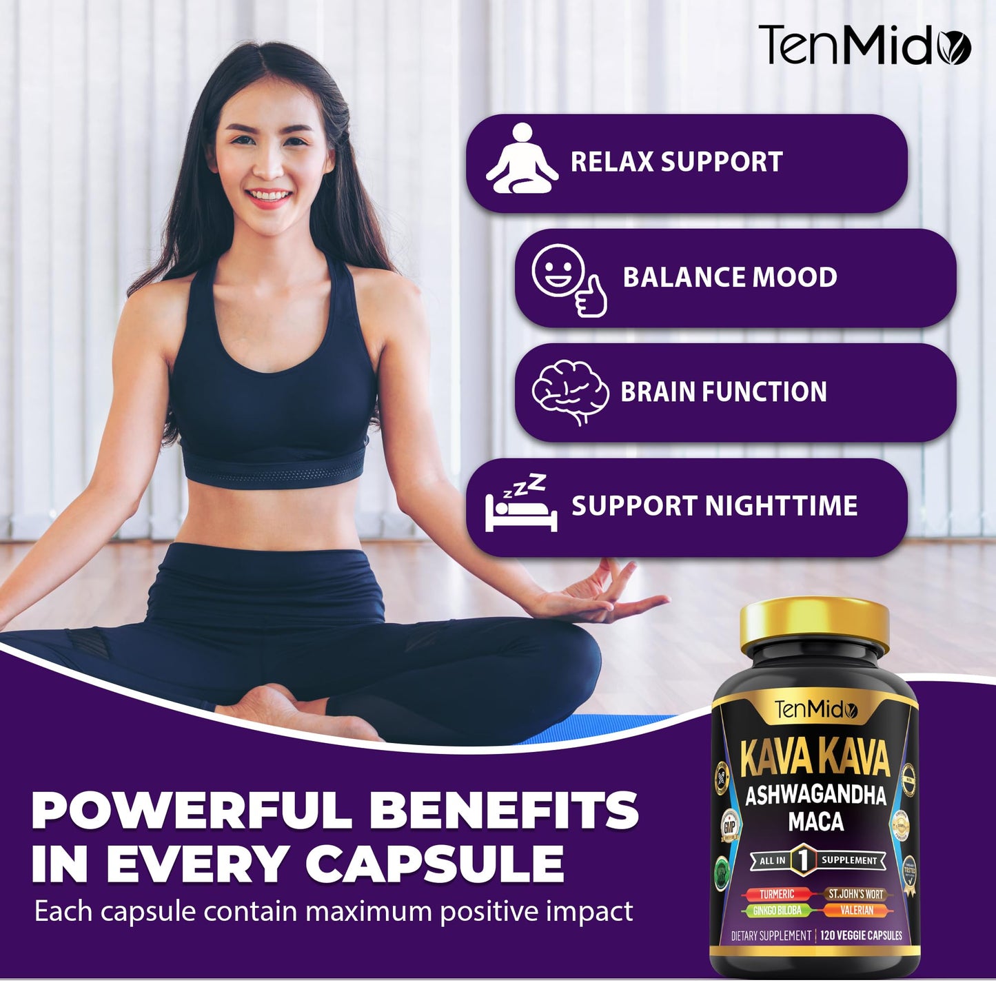 Tenmido Kava Kava Root Supplement - 8in1 Formula - Combine with Ashwagandha, Maca, Turmeric, Ginkgo Biloba, St. John's Wort, Valerian & Black Pepper - 120 Vegan Capsules, 4 Months Supply - Medaid International