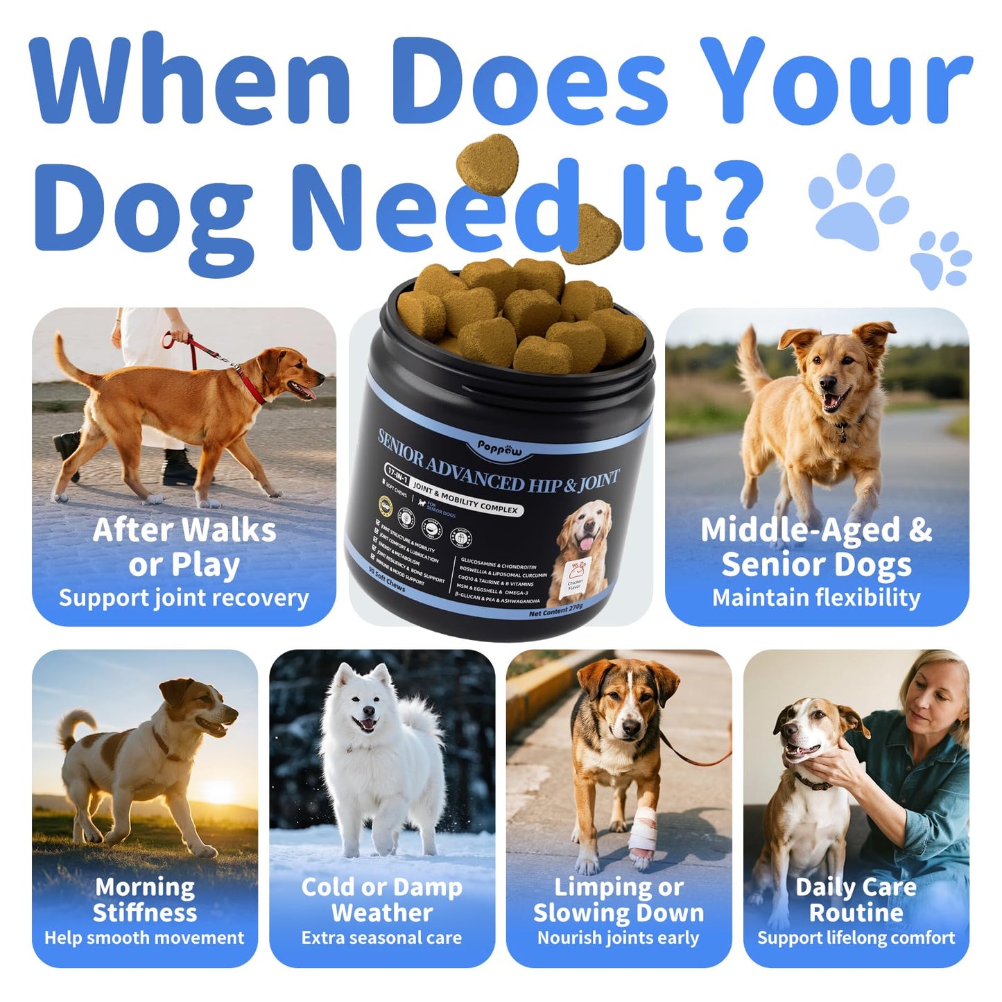 POPPAW Senior Advanced Joint Supplement for Dogs – 17-in-1 Glucosamine for Dogs with Chondroitin – Hip & Joint Pain Relief Pills – Mobility Support Chews – Large & Small Breeds - Chicken Flavor – 90Ct