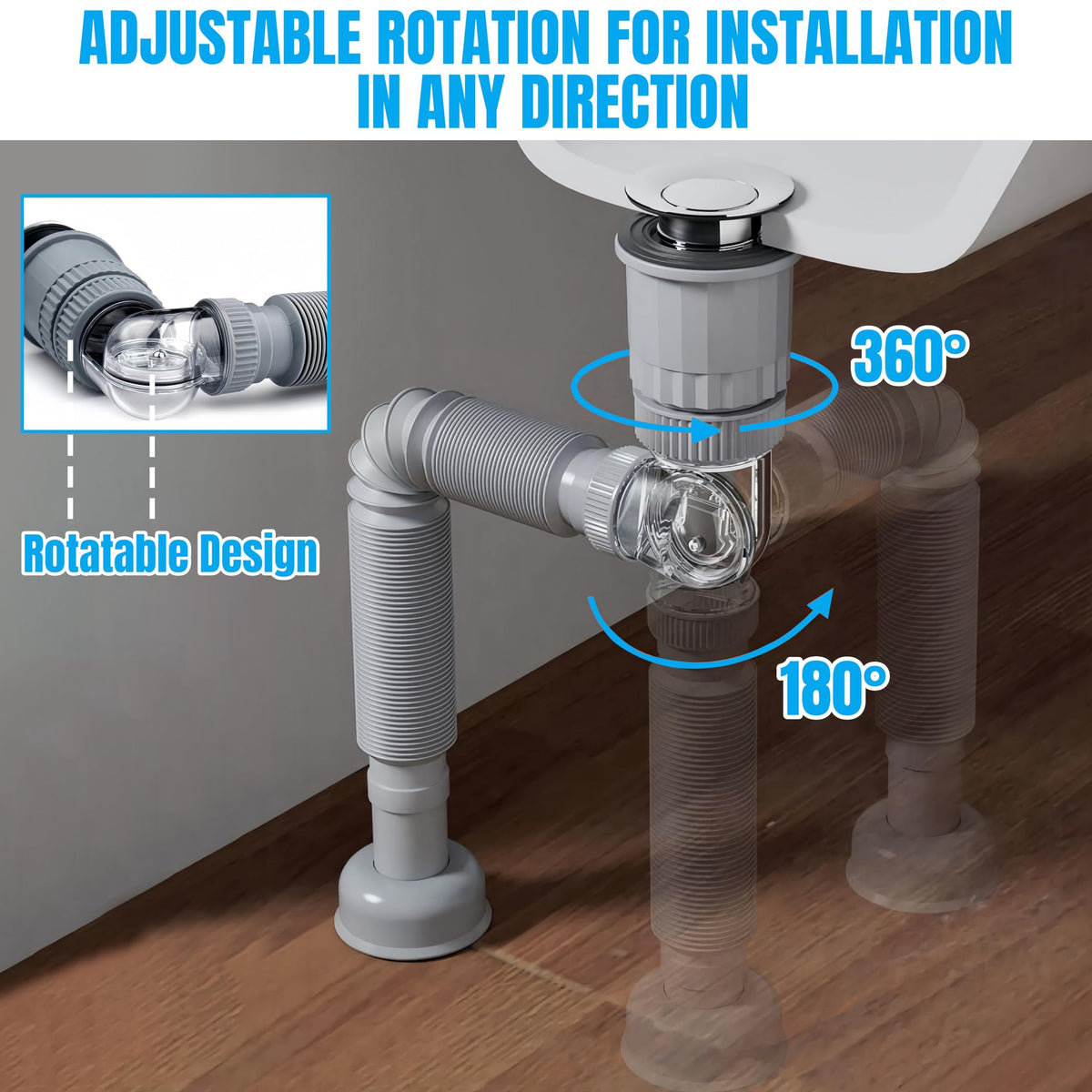 TERRIFI Bathroom Sink Drain Pipe Kit, 3 in 1 Plumbing Solution, Fits 1-1/4'' & 1-1/2'' Drain Holes, Anti-Odor and Anti-Backflow, Space-Saving Design Ideal for Bathrooms, RVs, and Kitchens