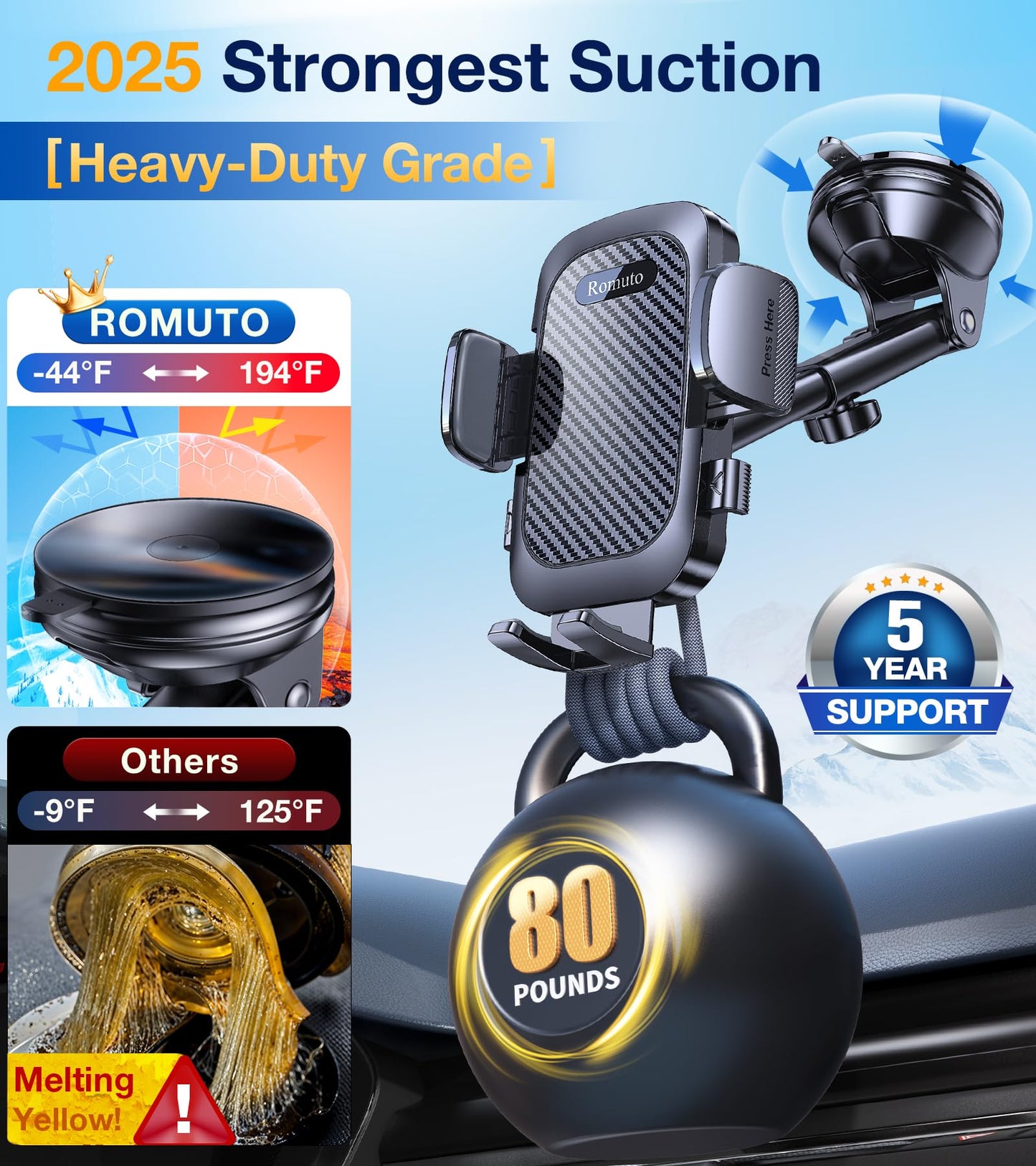 Romuto Car Phone Holder Mount【2025 Strongest Suction】Phone Mount for Car Cell Phone Holders for Your Car Accessories for Women Men Dashboard/Windshield/Vent/Wall Mounts Truck Stand for iPhone Samsung - Medaid International