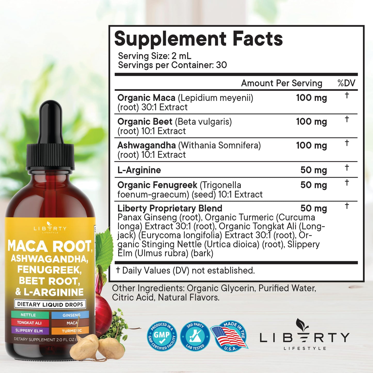 Liberty Lifestyle Organic Maca Root Liquid Drops with Ashwagandha, Nettle, Fenugreek, Beet Root and L-Arginine Liquid Multivitamin for Women and Men - 2oz - Medaid International
