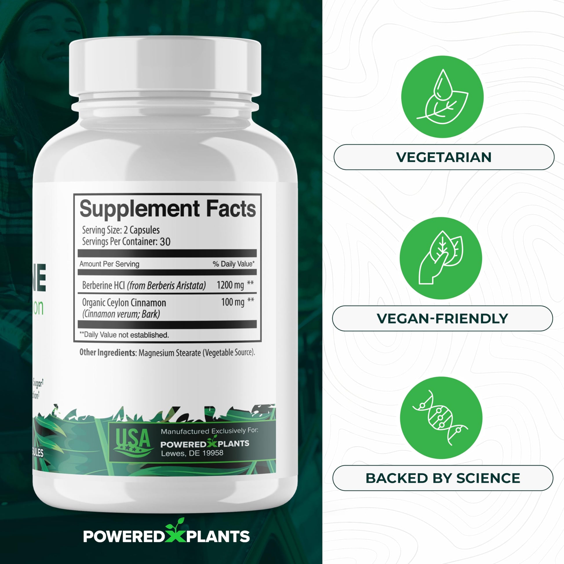 POWERED X PLANTS Pure Berberine Supplement - 1300mg Berberine with Ceylon Cinnamon for Metabolism & Immune System Support - 60 Servings - Medaid International