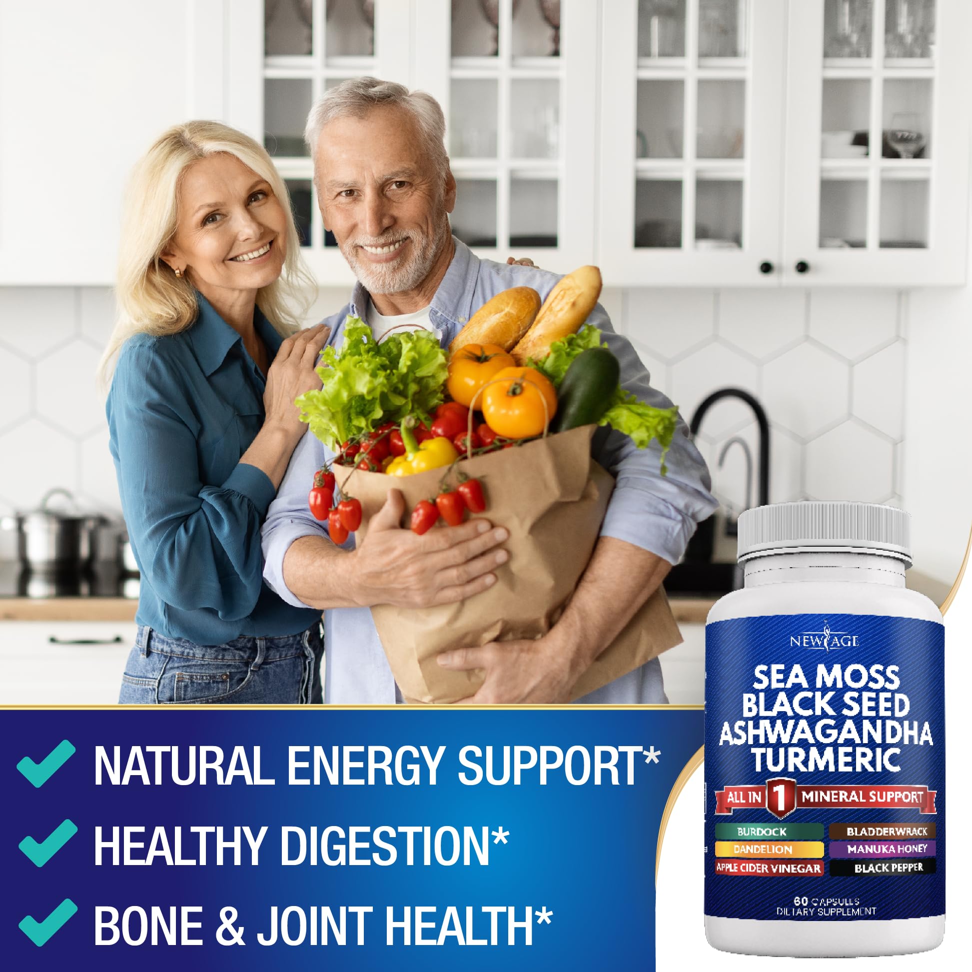 NEW AGE Sea Moss Capsules, Black Seed Oil Ashwagandha Turmeric Bladderwrack Burdock - with Manuka, Honey Dandelion, ACV Black Pepper Gluten Free - Medaid International
