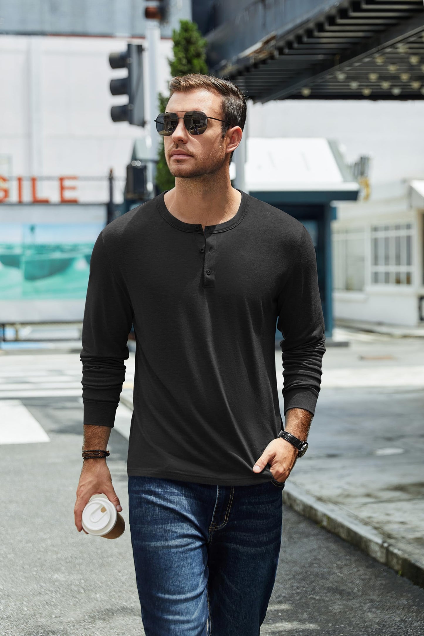 COOFANDY Men's Henley Shirts Long Sleeve Casual Basic Solid Tees Soft Stretch Lightweight T-Shirt Fall Fashion Henley Top Black - Medaid International