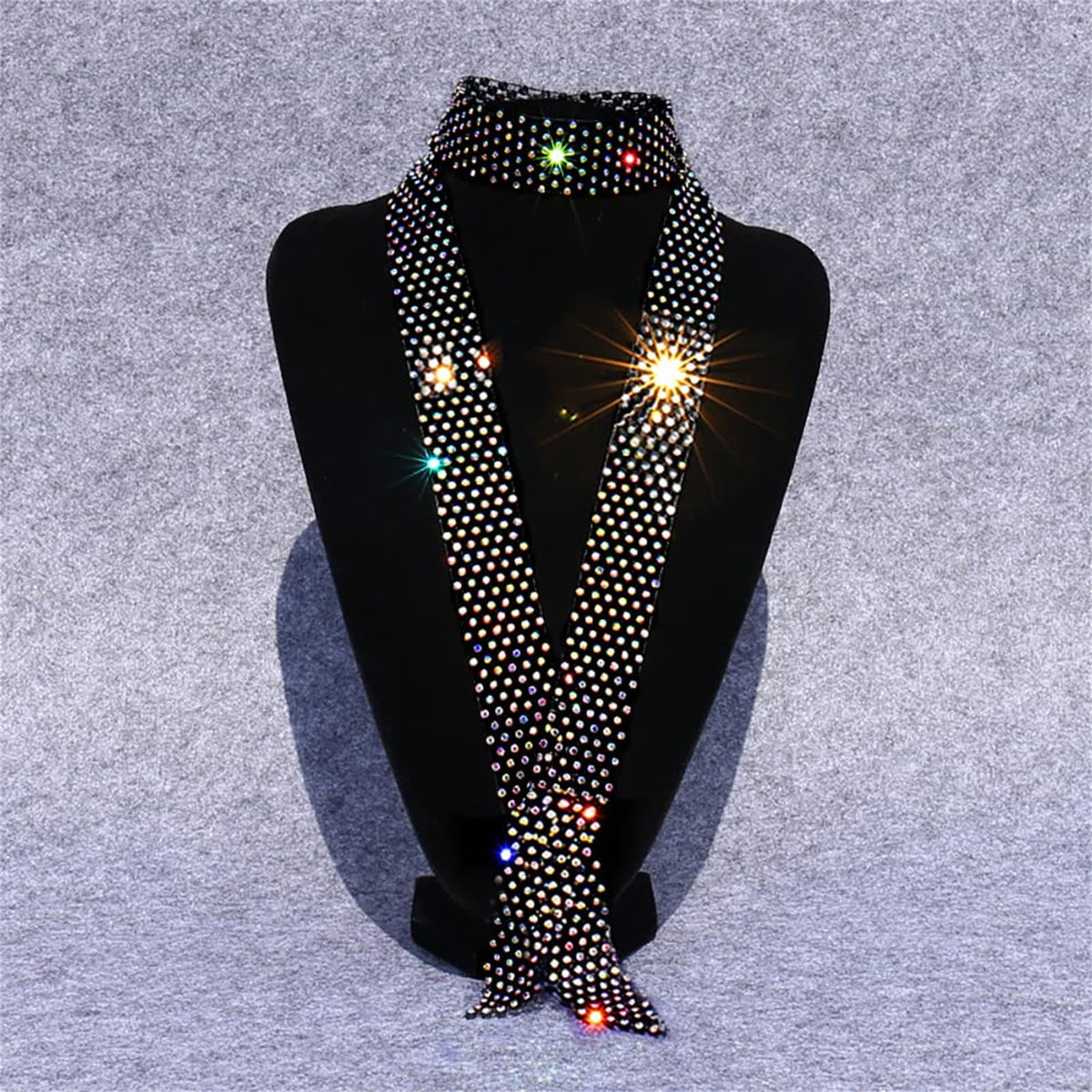 TERRIFI Rhinestone Neck Tie, Glittering Sparkle Long Thin Women's Scarf Necktie, Neckerchief Collar Decor