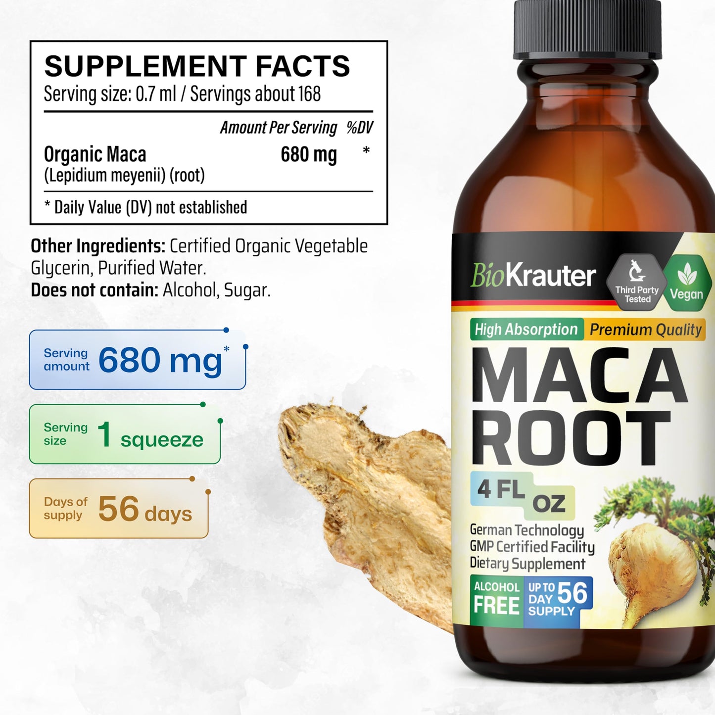 BIO KRAUTER Maca Root Liquid Drops - Maca Extract Tincture - Vegan, Sugar & Alcohol Free Extract 4 Fl.Oz. - Medaid International