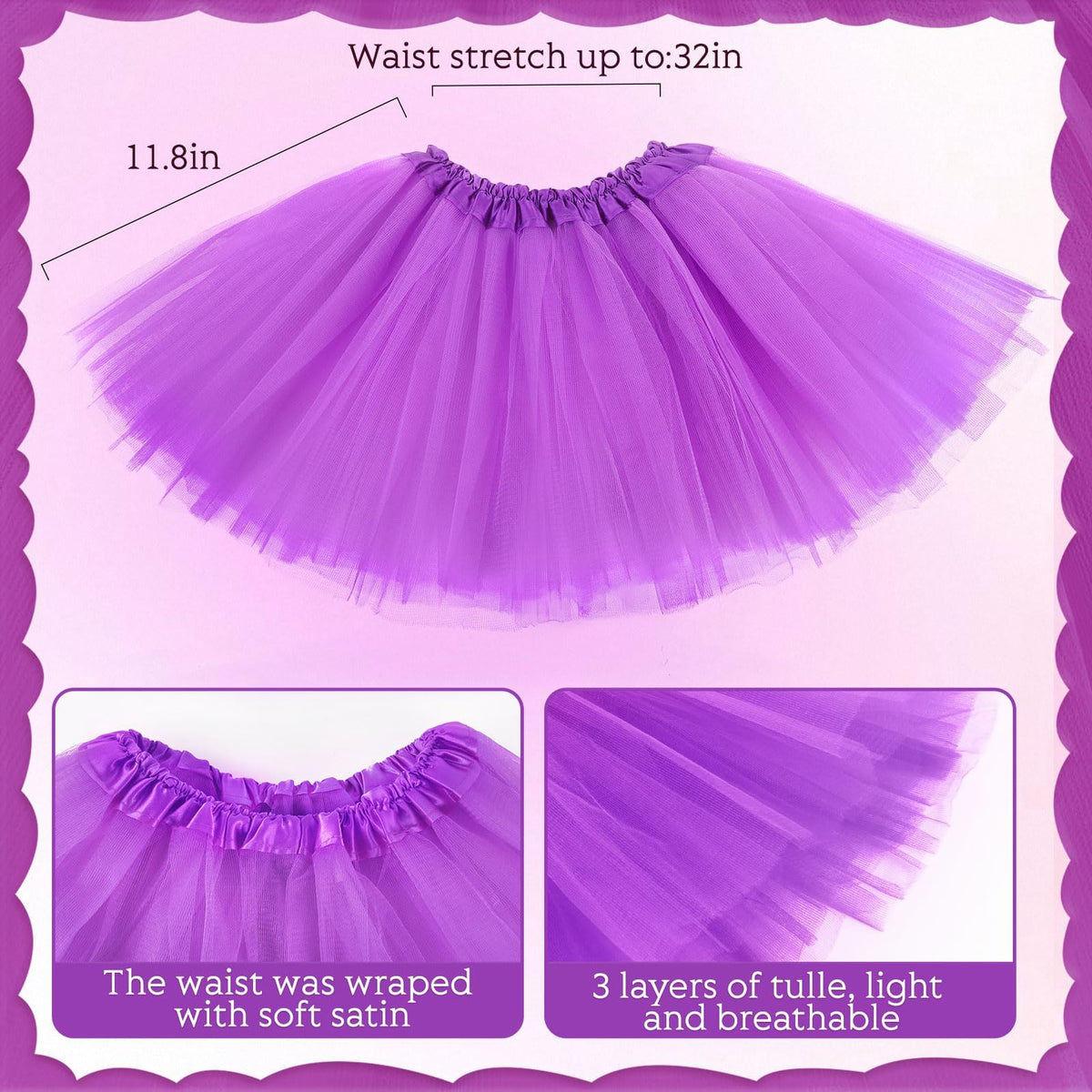 TERRIFI Tutu for Girls 3 Layered Tulle Skirt Set with Heart Glasses Ponytail Headband Fluffy Ballet Dress Up Cosplay for Kids Party