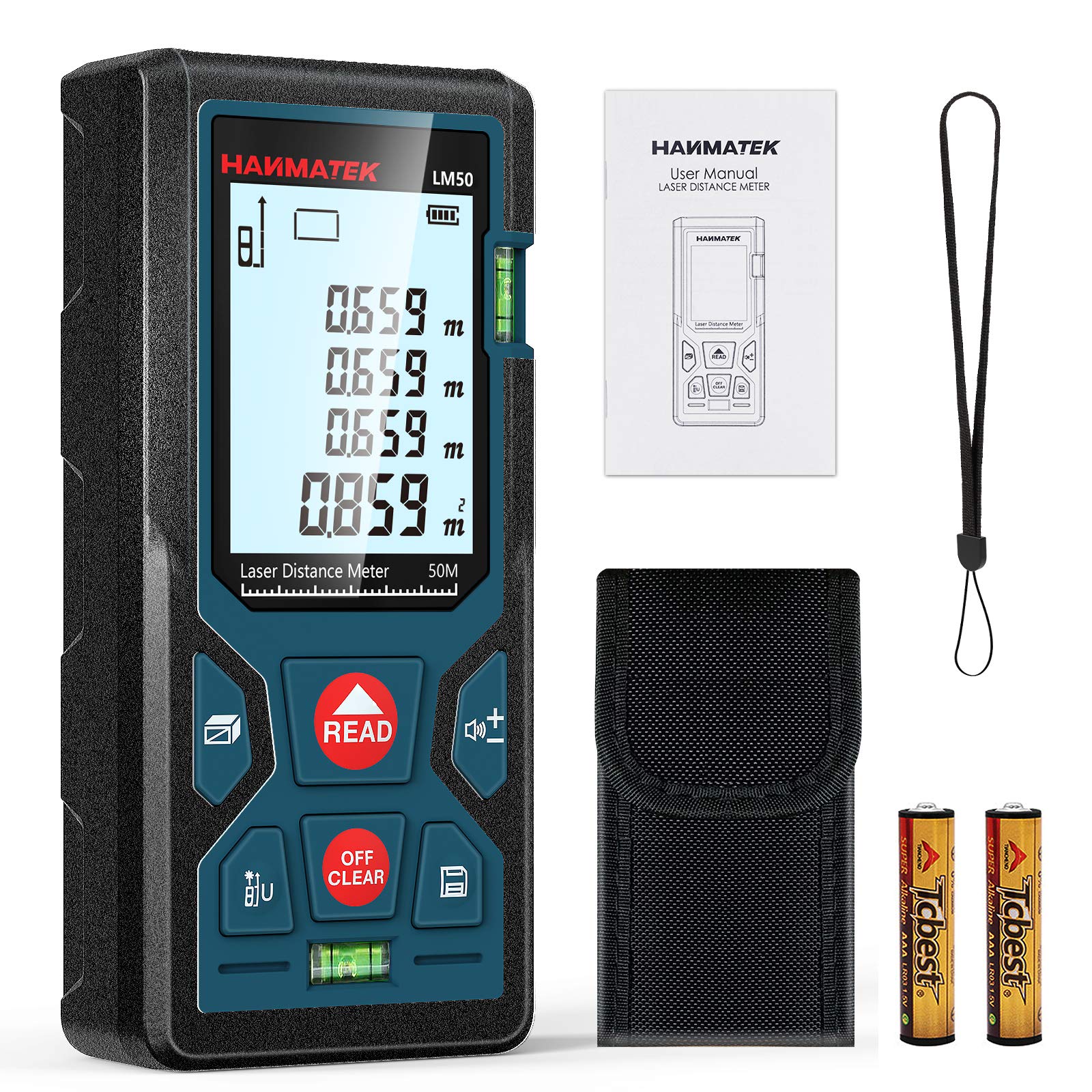 165ft/50m Laser Measure Ft/in/M Switching LM50 Laser Measurement Tool Devices with 2 Bubble Levels Distance Meter,Large Backlit LCD - Medaid International