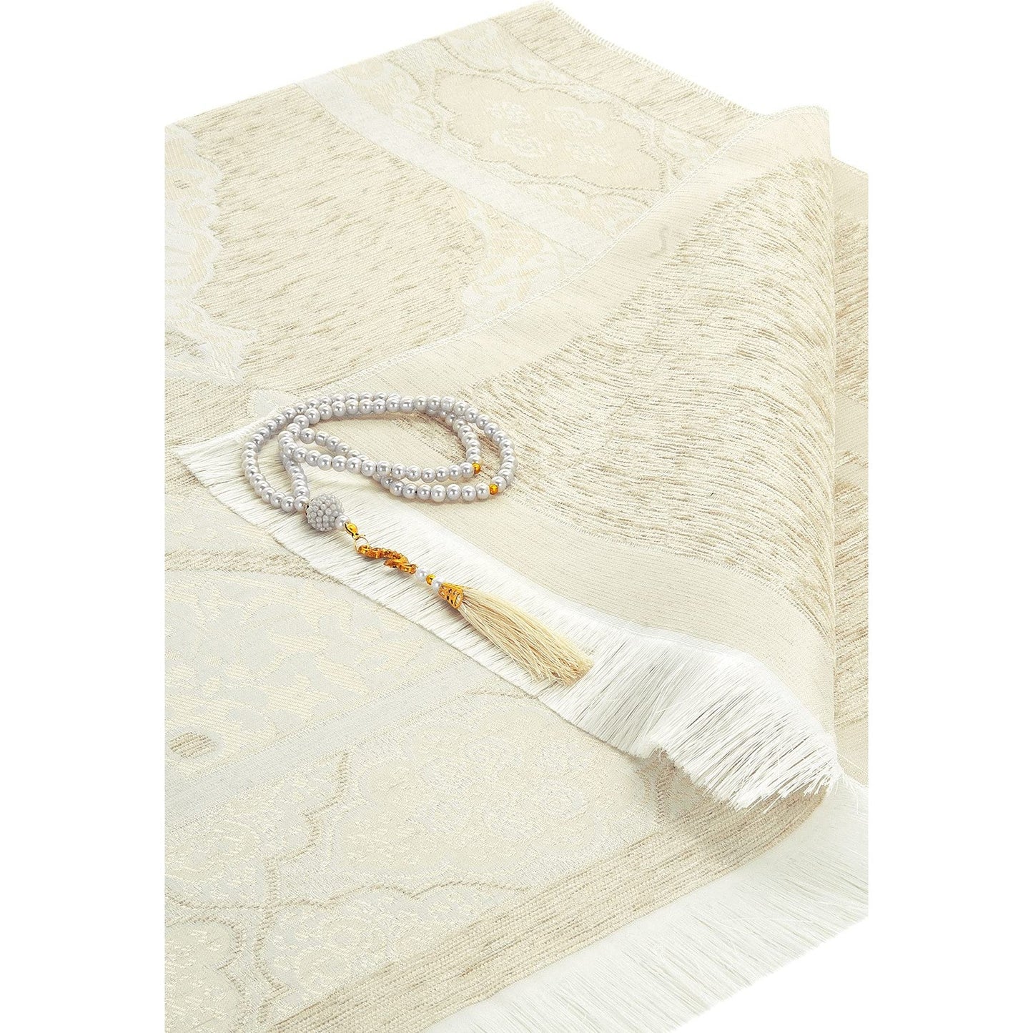 ihvan Online Muslim Prayer Rug with Prayer Beads, Janamaz, Sajadah, Soft Islamic Prayers Rug, Islamic Gift for Eid Ramadan, Prayers Carpet Mat, Chenille Fabric, Cream - Medaid International