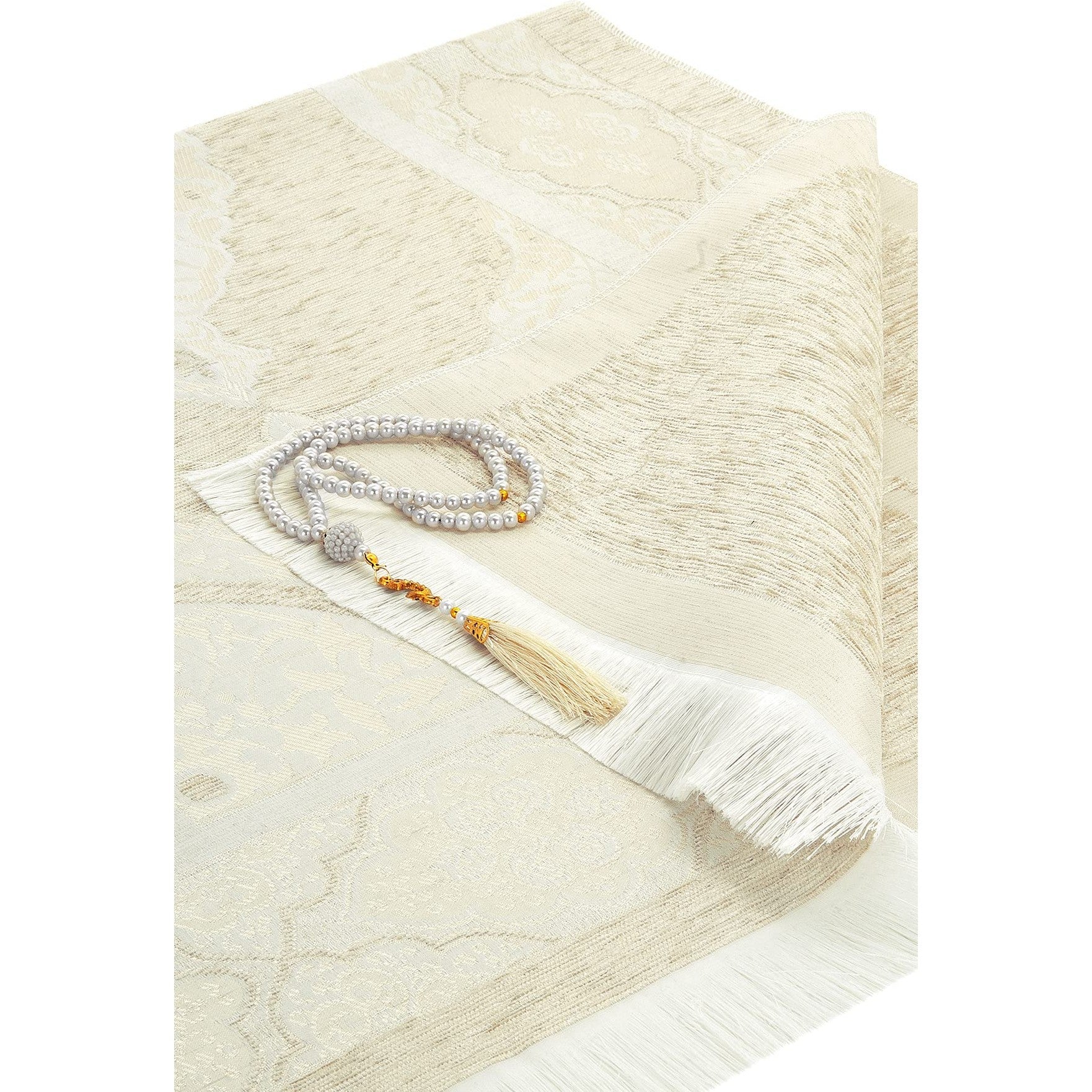 ihvan Online Muslim Prayer Rug with Prayer Beads, Janamaz, Sajadah, Soft Islamic Prayers Rug, Islamic Gift for Eid Ramadan, Prayers Carpet Mat, Chenille Fabric, Cream - Medaid International