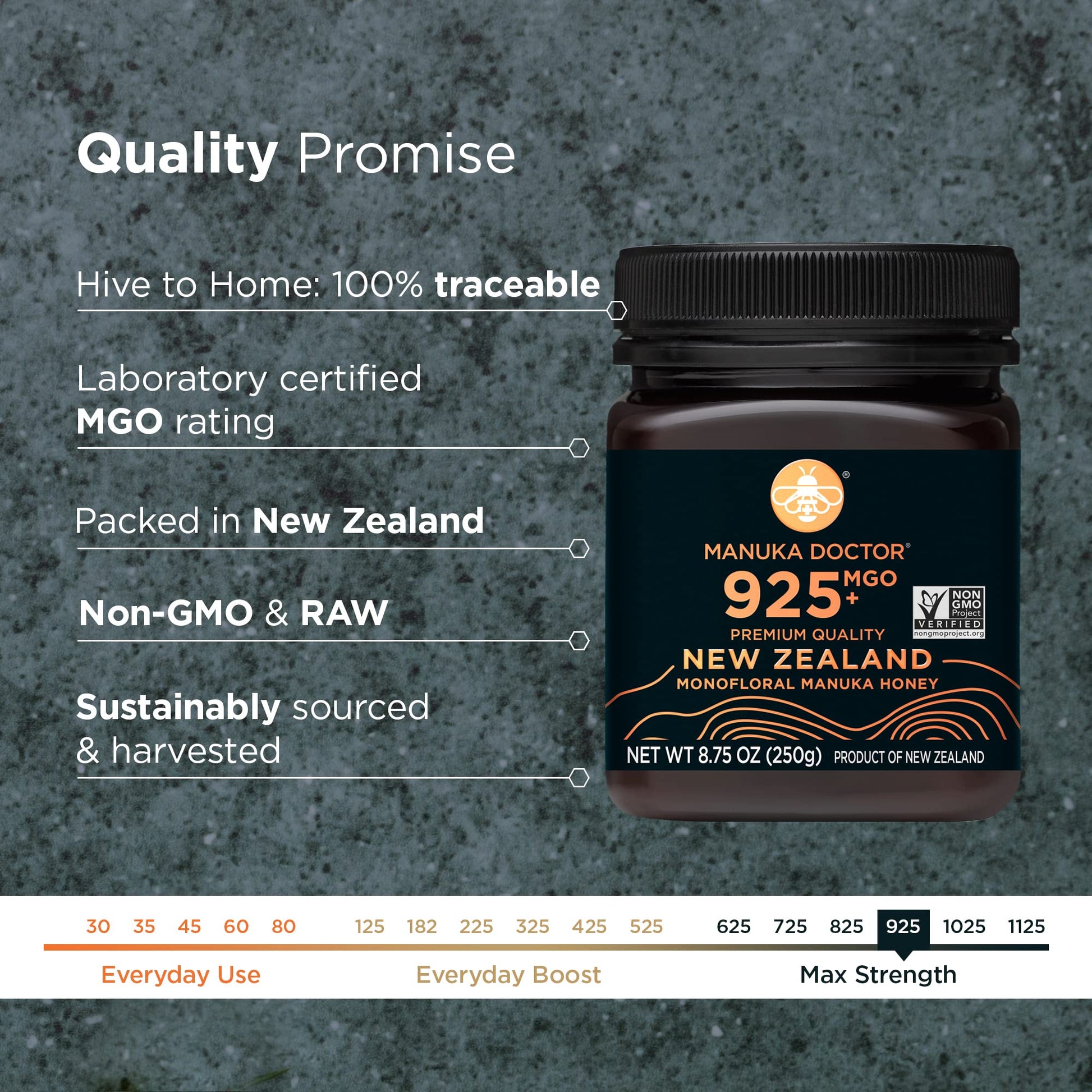 Manuka Doctor - MGO 925+ Manuka Honey Monofloral, 100% Pure New Zealand Honey. Certified. Guaranteed. Raw. Non-GMO (8.75 oz) - Medaid International