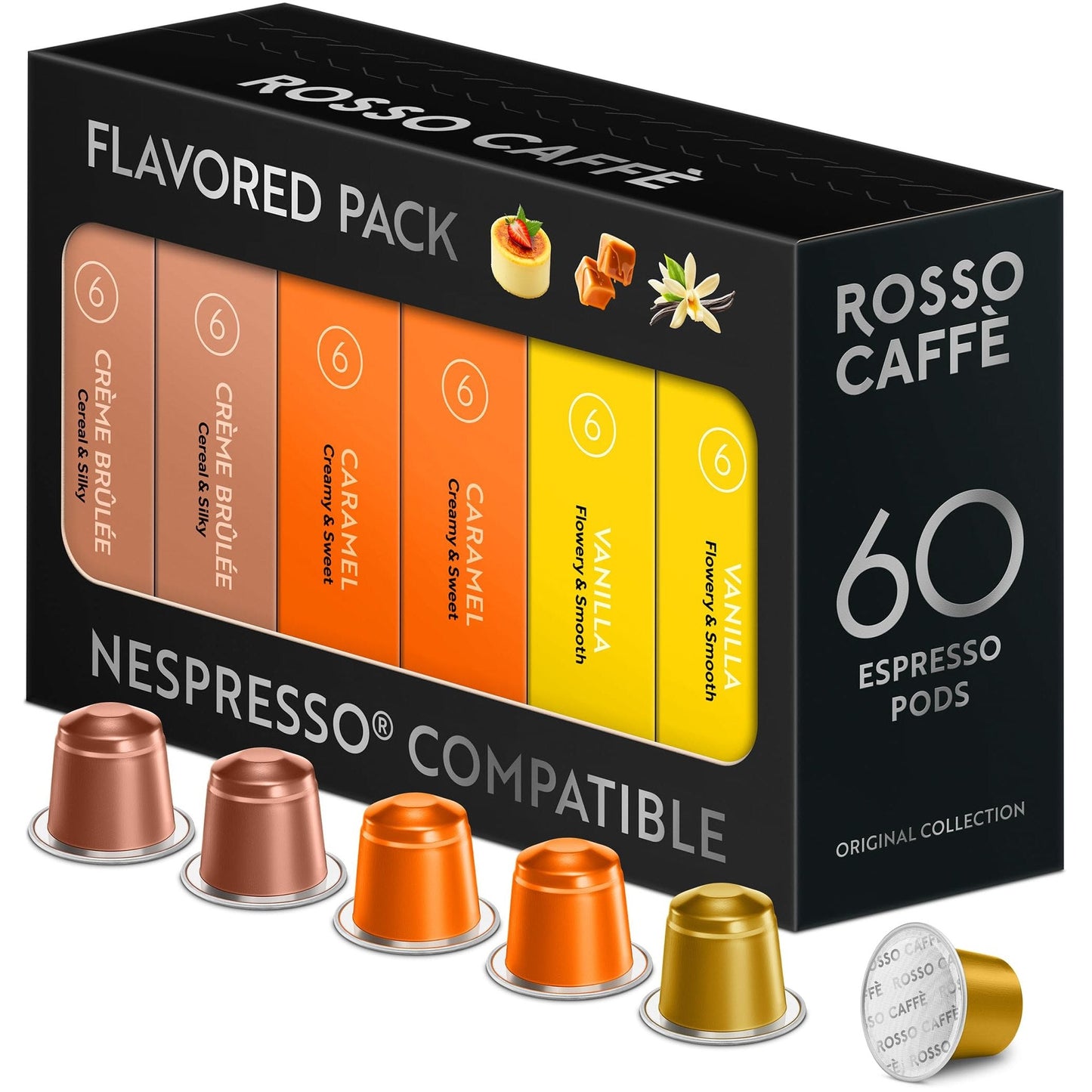 Nespresso Compatible Capsules - Sweet Flavors Pack (60 Pods) - Fit to All Nespresso Original Line Machine - By Rosso Caffe - 60 Days Satisfaction Guarantee