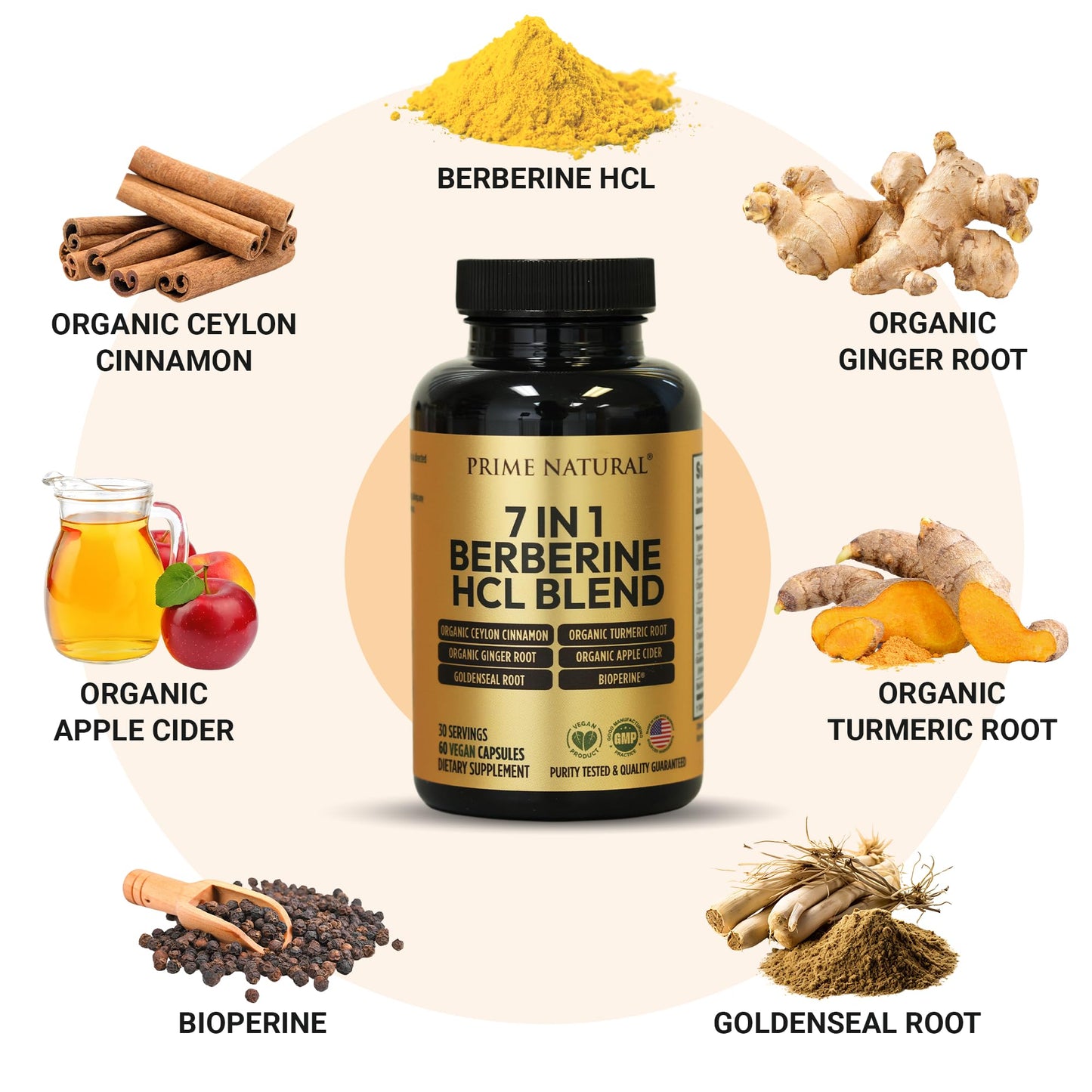 PRIME NATURAL Berberine HCl 600mg Organic Ceylon Cinnamon 400mg Organic Turmeric 200mg Organic Ginger 130mg Organic Apple Cider Vinegar 65mg Goldenseal Root 6.5mg Bioperine 3mg | 60 Capsules - Medaid International