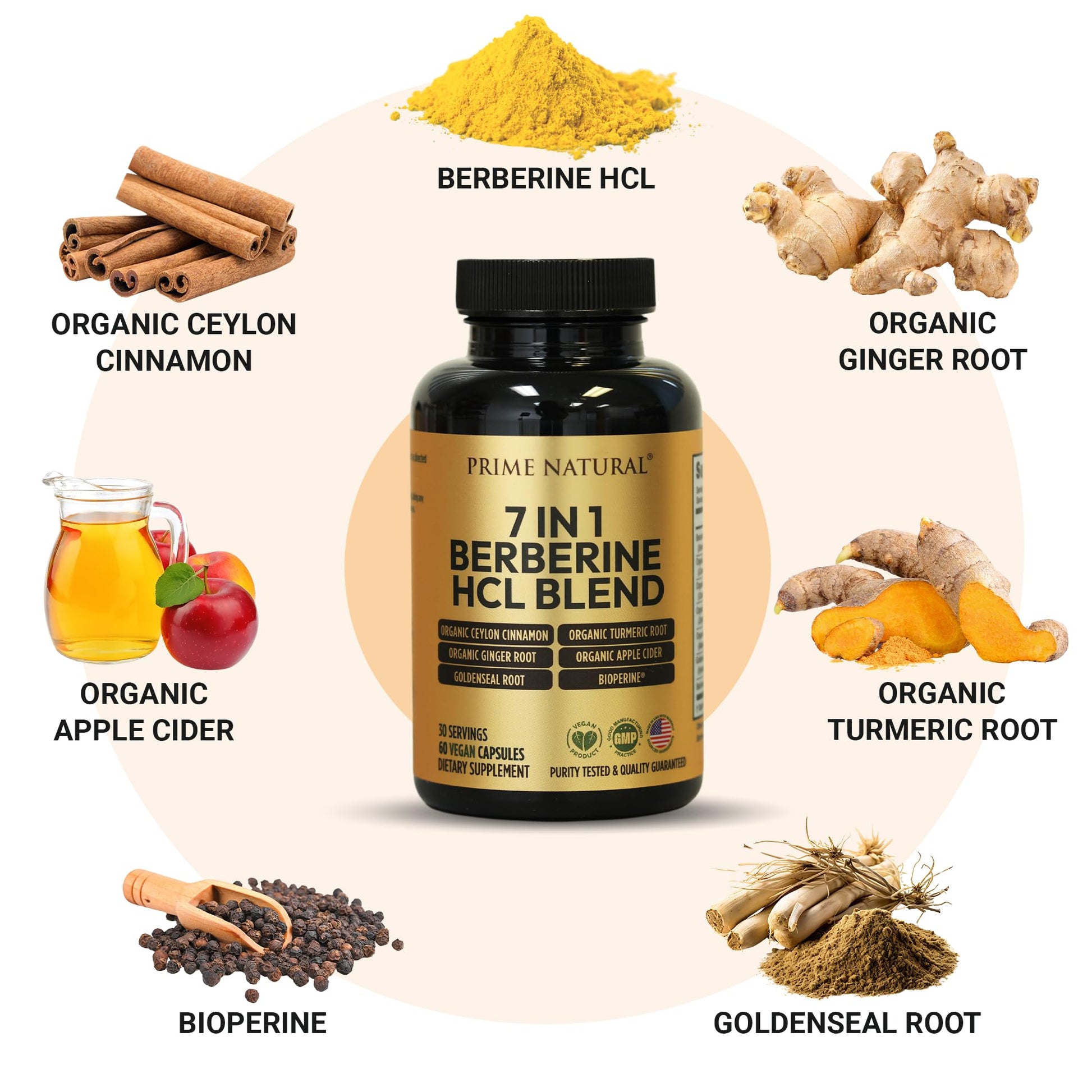 PRIME NATURAL Berberine HCl 600mg Organic Ceylon Cinnamon 400mg Organic Turmeric 200mg Organic Ginger 130mg Organic Apple Cider Vinegar 65mg Goldenseal Root 6.5mg Bioperine 3mg | 60 Capsules - Medaid International