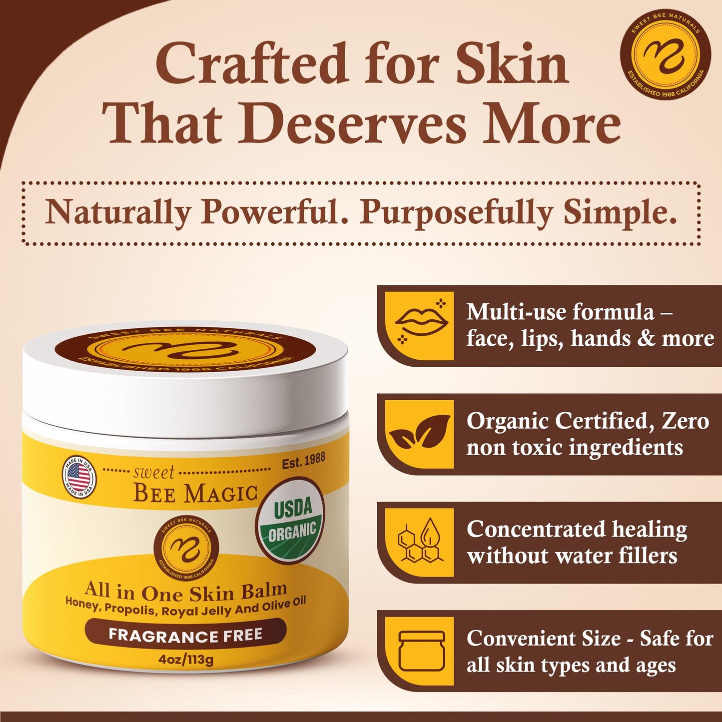 Sweet Bee Magic All In One Healing Organic Balm - Natural Skin Healing Cream, Beeswax Balm for Dry Skin, Face & Body Moisturizer - Certified Organic, All Natural Aid - 1 Jar (4oz) - Medaid International