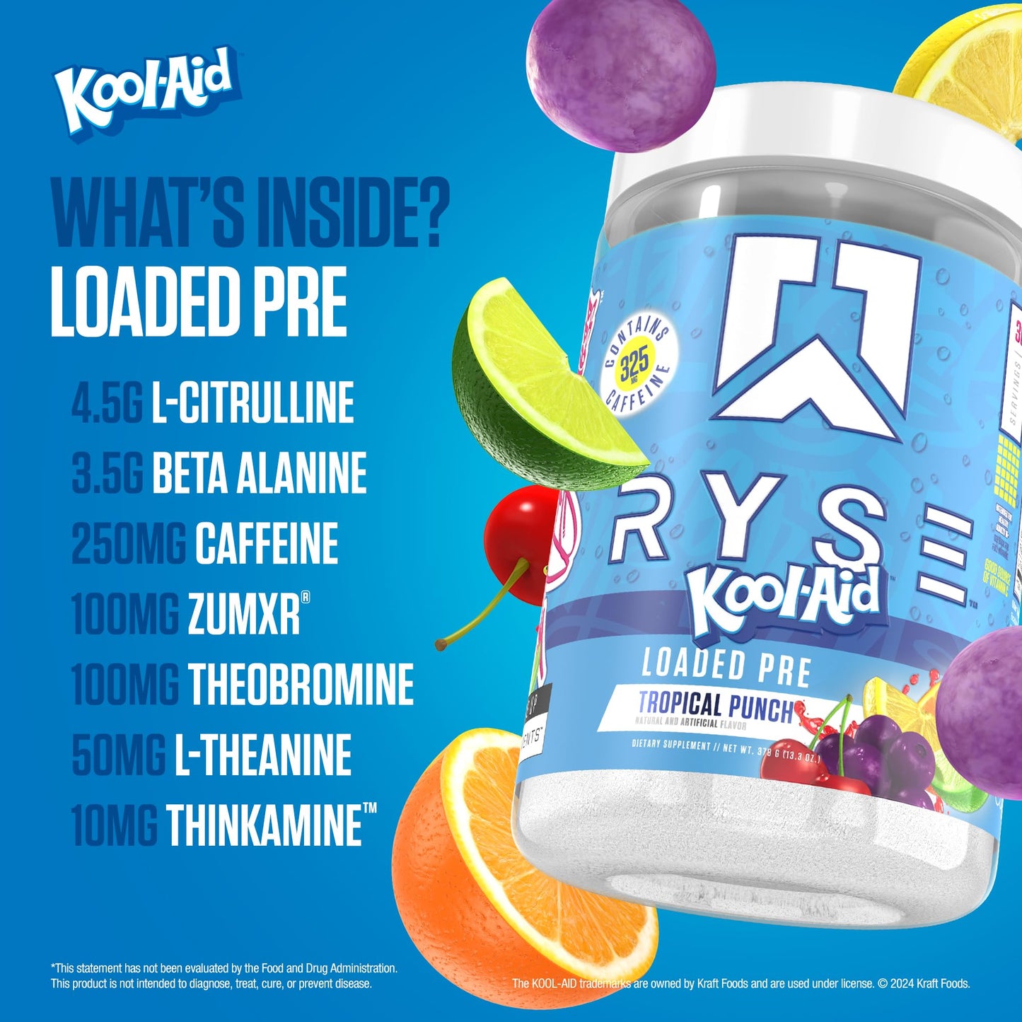 RYSE Loaded Pre Workout Powder - Kool-Aid Tropical Punch - Daily Pre-Workout for Men & Women with 325mg Caffeine, Beta Alanine, and Citrulline for Pump, Focus, and Energy - 30 Servings - Medaid International