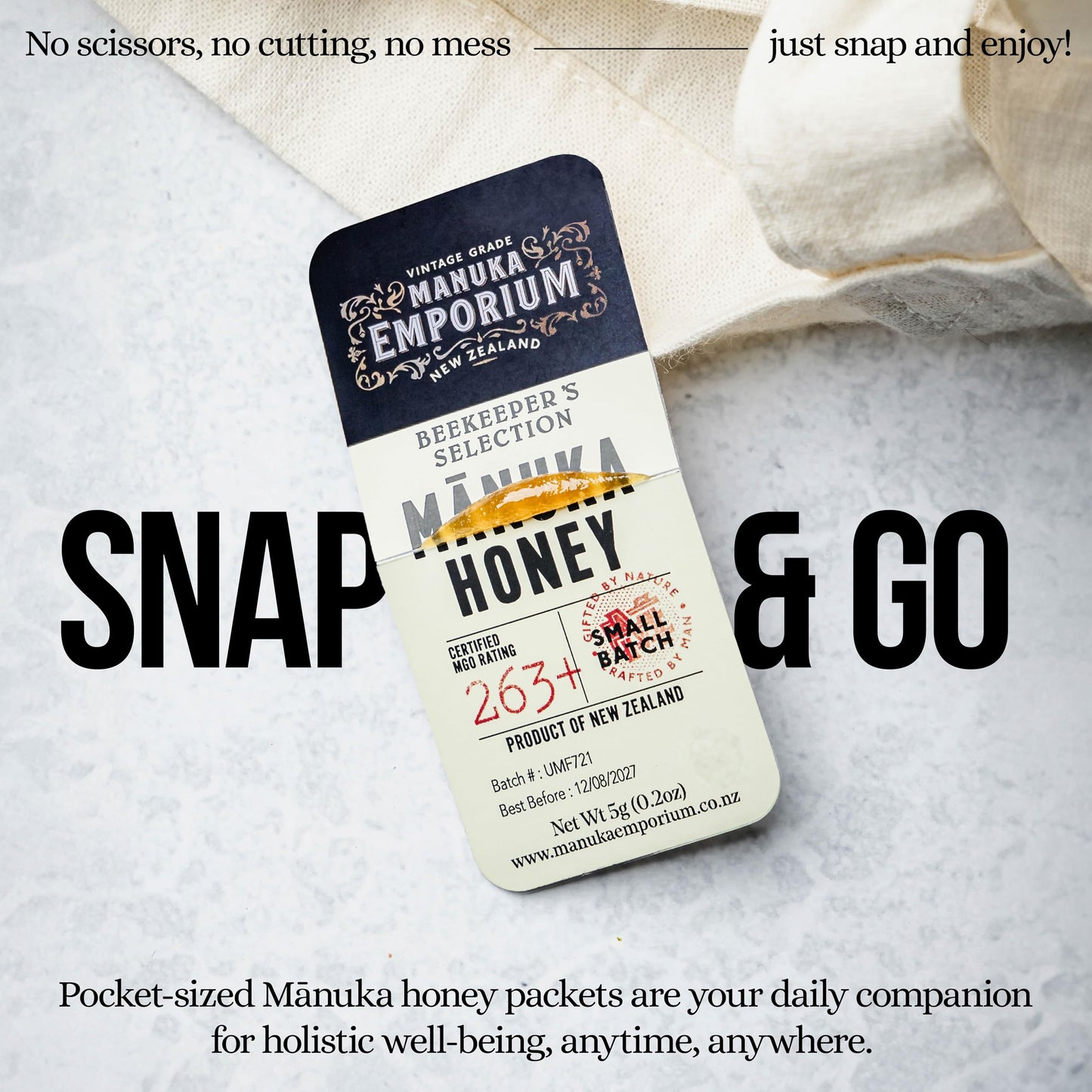 Manuka Emporium Raw Manuka Honey Packets On-the-Go MGO263+ (UMF 10+ Equiv.) 72 x 0.18oz Snap-Packets | Certified & Authentic | Harvested & Packed in New Zealand - Medaid International