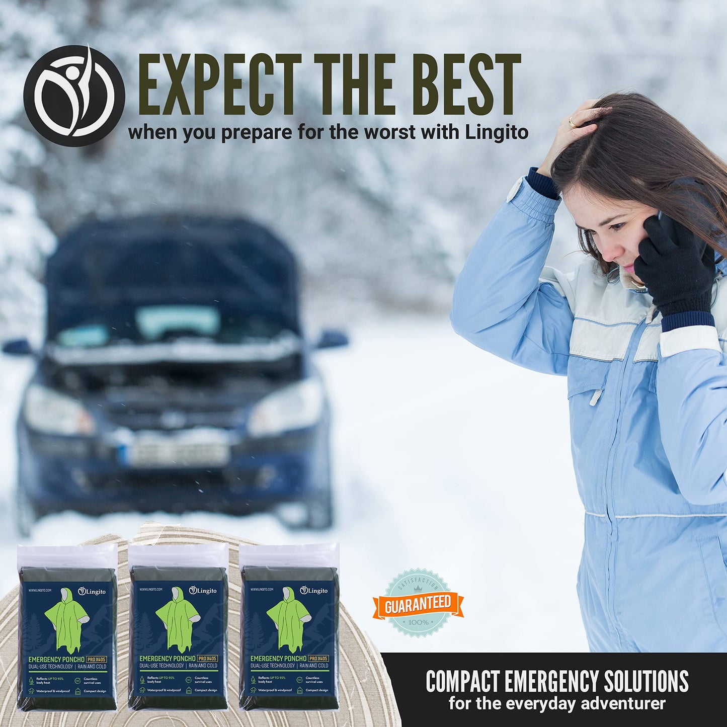 Lingito Emergency Rain Poncho - Thermal Survival, Insulated - Camping, Hiking, Traveling; Bonus Mylar Tarp Blanket; Waterproof, Packed in Ripstop Case (3 + 1 Pack - Green)